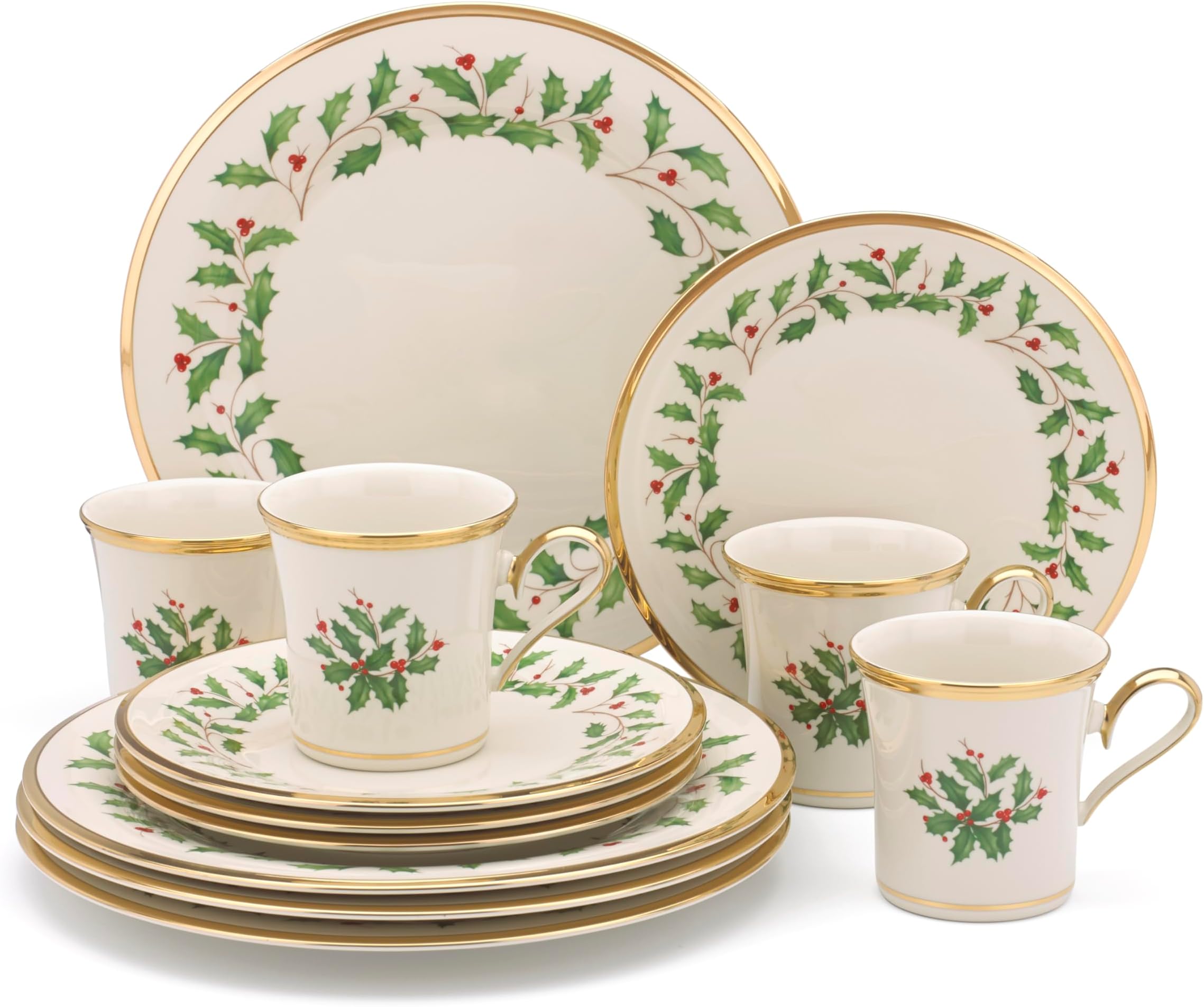 Dinnerware Set, Holiday 12-Piece Set, Service For 4, Porcelain Plate, Berry Motif With 24-Karat Gold Accents, Christmas Dinner Plates, Salad Plates And Mugs, Dishwasher Safe (Assorted, 12 Piece)