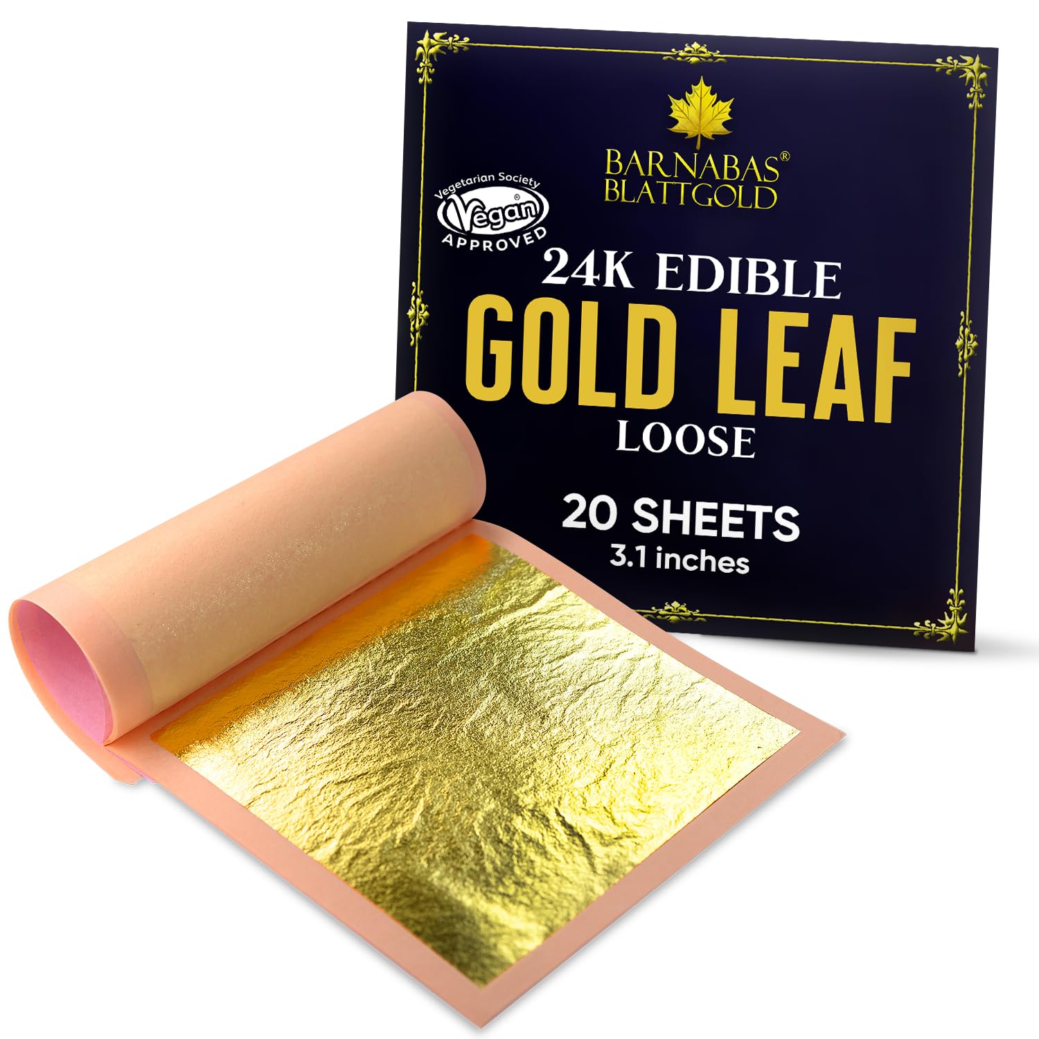 Barnabas Edible Gold Leaf 24K - Cake Decorations, Loose Gold Leaf Sheets for Cupcakes - 3.1 inches, Book of 20
