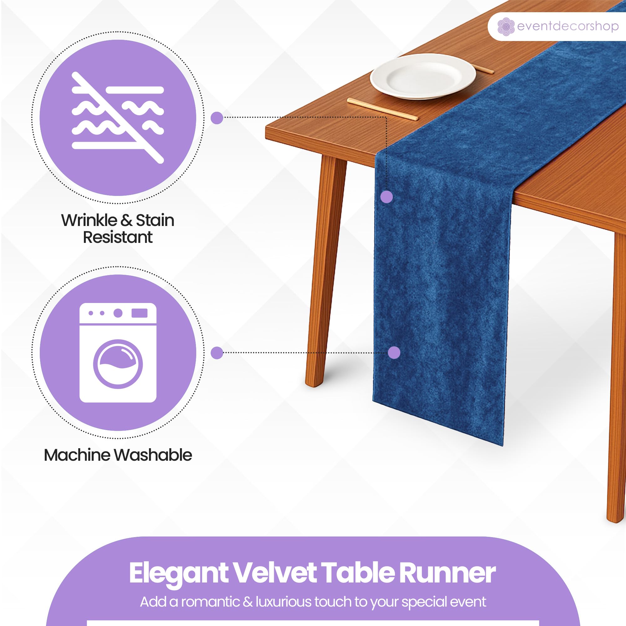 Crushed Velvet Royal Blue Table Runners for Parties and Events, Luxury Long Banquet Table Decor, 33 x 274 cm, Pack of 1 - Image 4