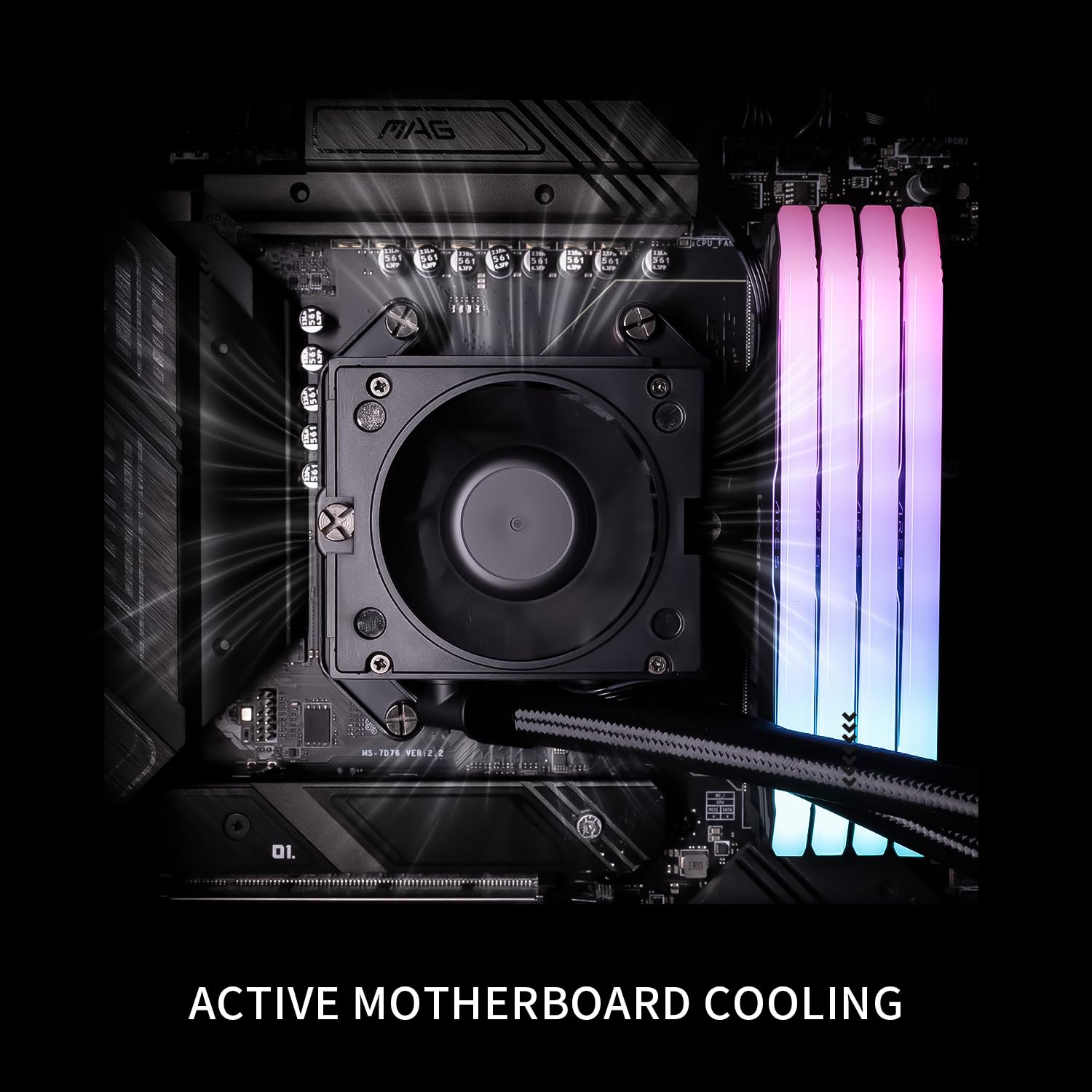 Close-up of the waterblock with its integrated fan providing active cooling to the motherboard VRM and memory modules.