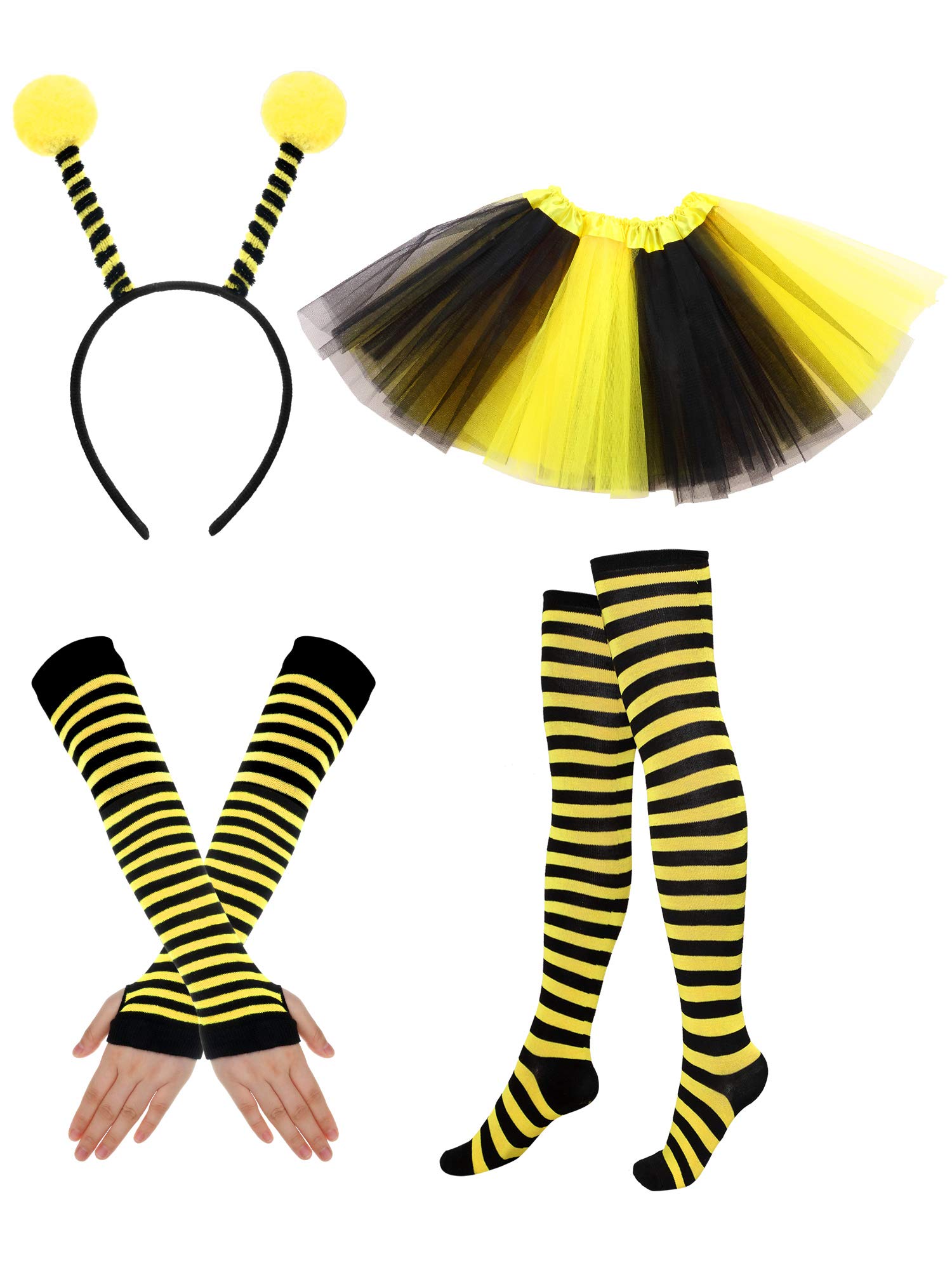 4-Piece Bee Costume Kit - Bee Bopper Antenna Headband, Tutu Skirt, Leg Warmers, Long Gloves for Halloween & Christmas Dress Up