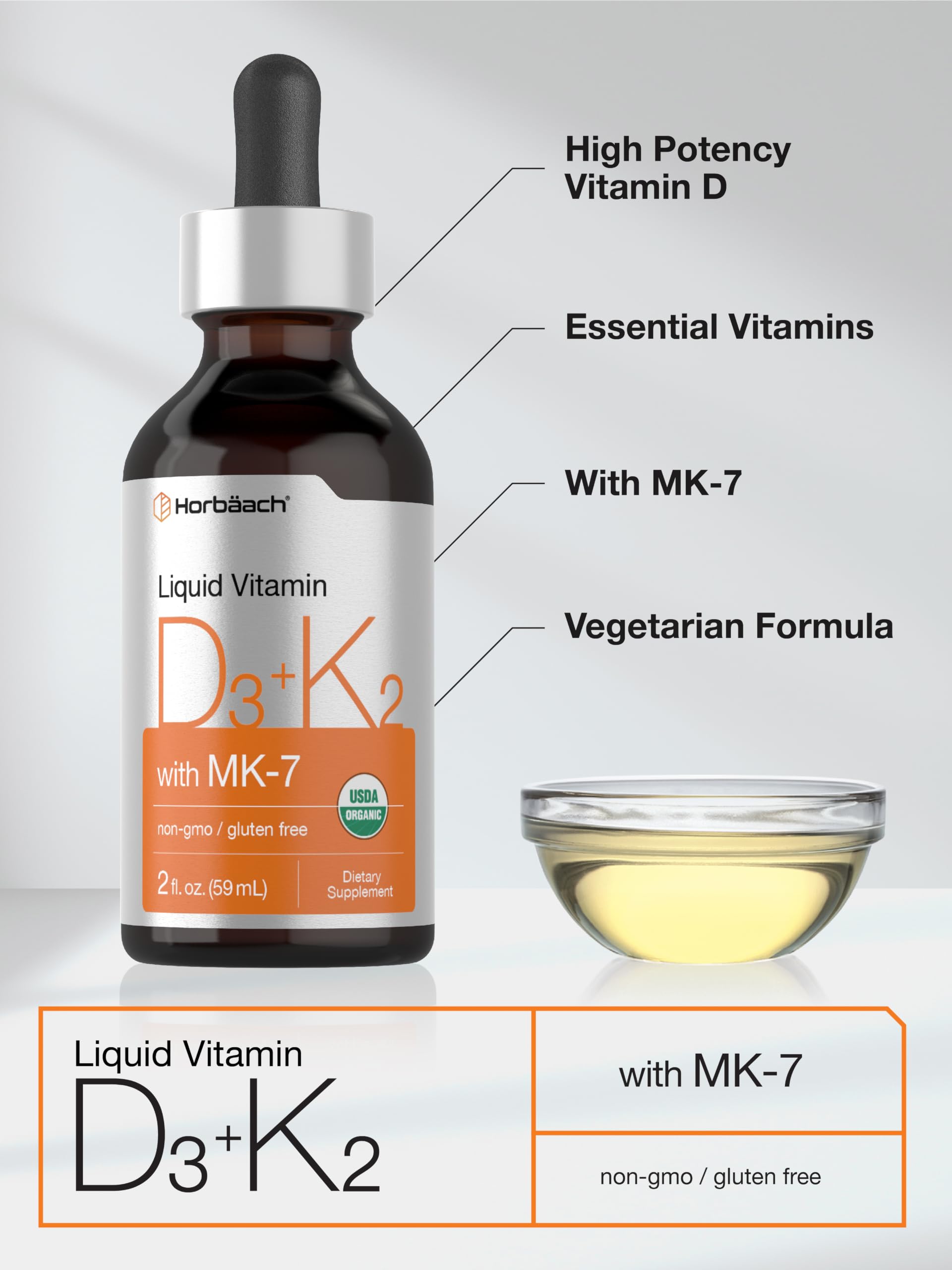 Horbäach Vitamin D3 K2 Liquid Drops | with MK7 | 2 Fl Oz | Vegetarian, Non-GMO, Gluten Free Supplement — Amazon image 4