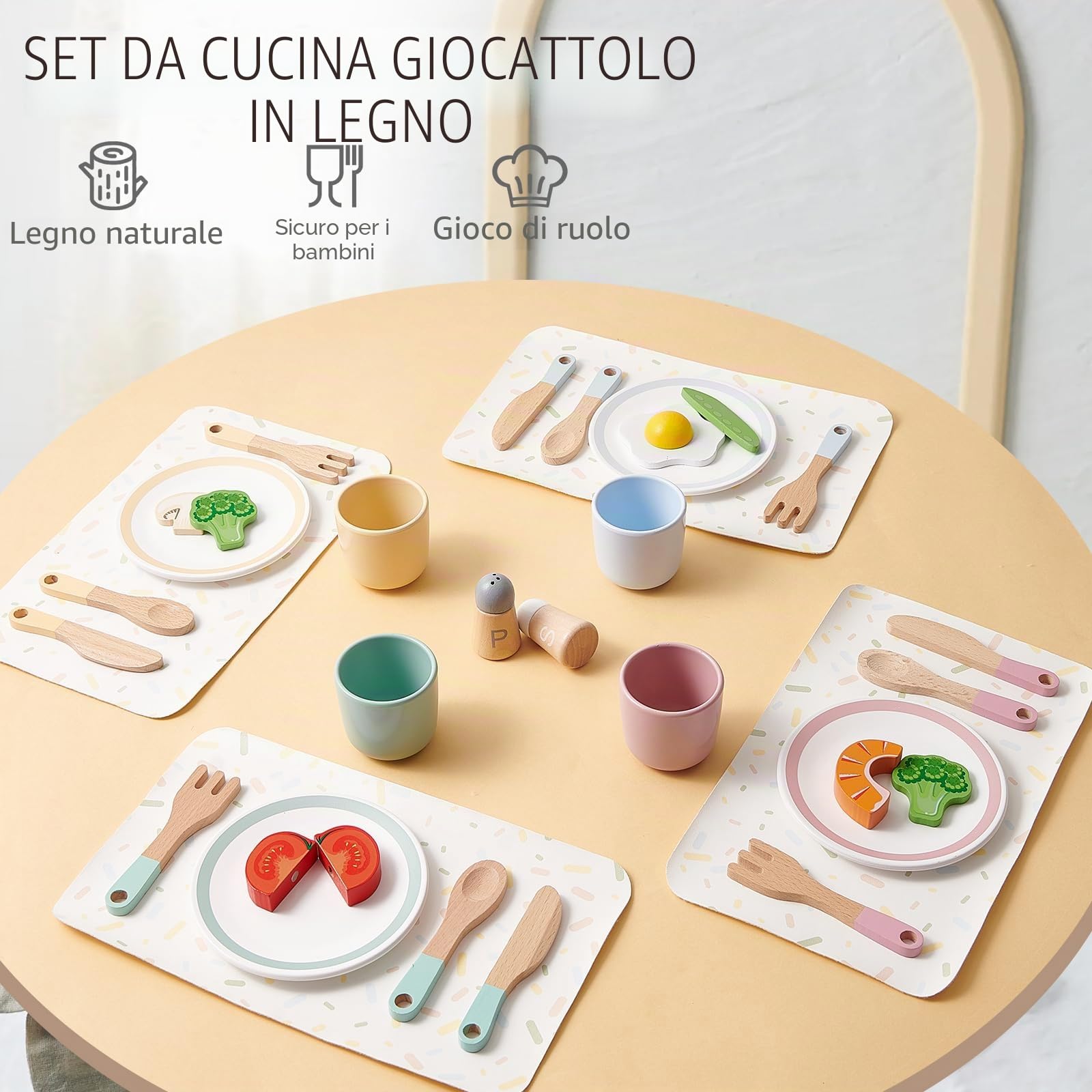 Atoylink Accessori da Cucina per Bambini in Legno, Accessori da Cucina Piatti e Stoviglie Accessori da Cucina per Giochi Gioco di Ruolo Regalo per Ragazze Ragazzi 3 4 5 6 7 8 Anni