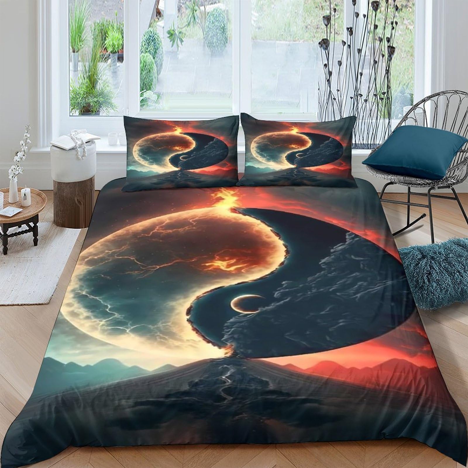 Ctjqhvkz Style-2 3D Printed Yin Yang Fire Water Fitted Sheet Microfiber Soft Breathable Universe Bed Cover For Bedroom Decor Single（135X200cm）