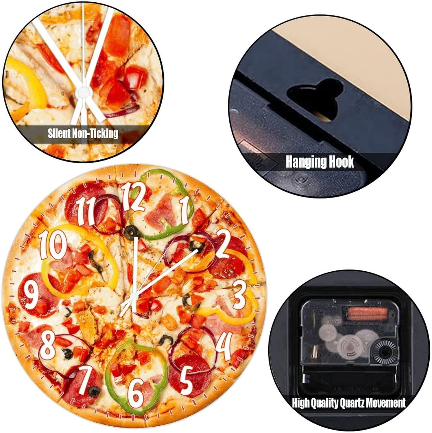 Tomato Ham Bacon Bell Pepper Pizza Hanging Wall Clock 15Inch Round Clocks Food Kitchen Decor Wooden Clocks Battery Operated Quartz Wall Clocks Restaurant Clock Modern Decor for Dinning Living Room