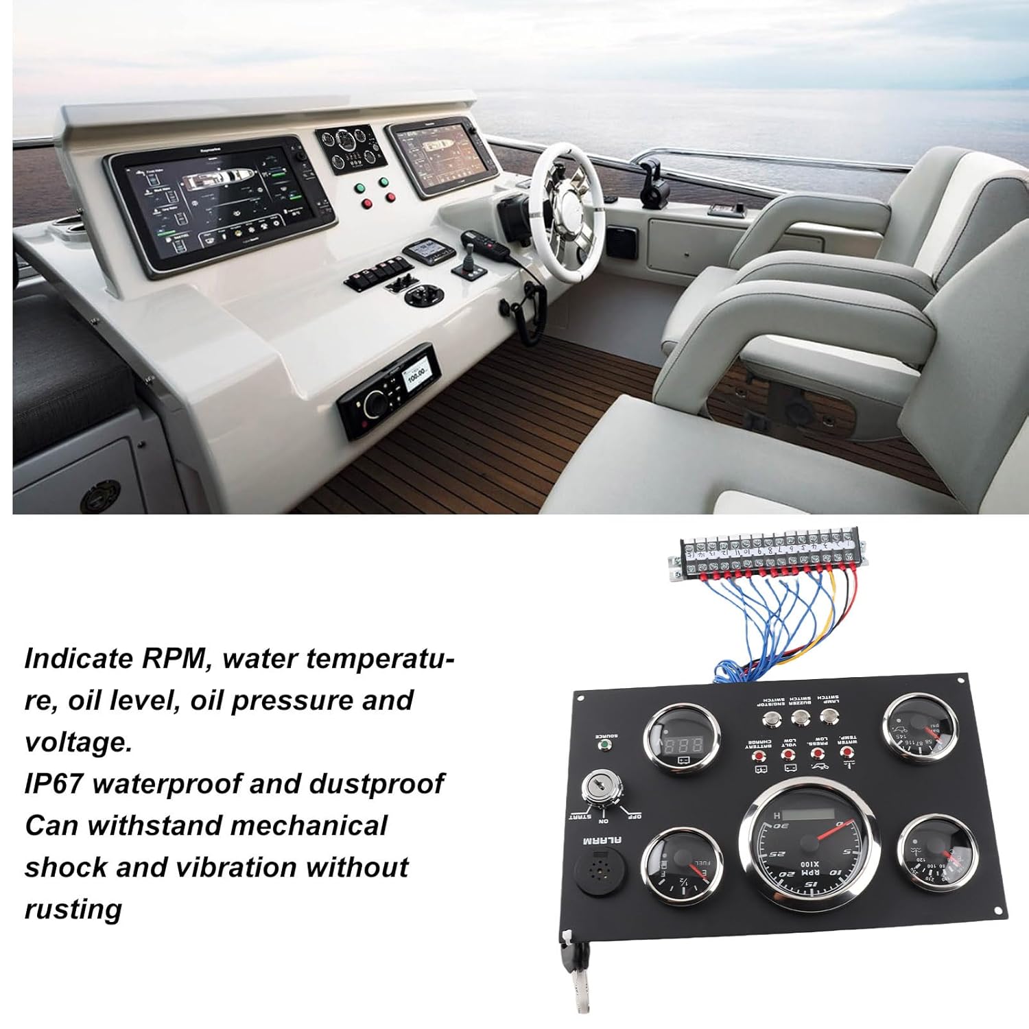 5in1 Dashboard Gauge Set, IP67 Digital Gauge Cluster Engine RPM Fuel Level Oil Pressure Water Temp Voltage Meter Replacement for RV Boat Yacht