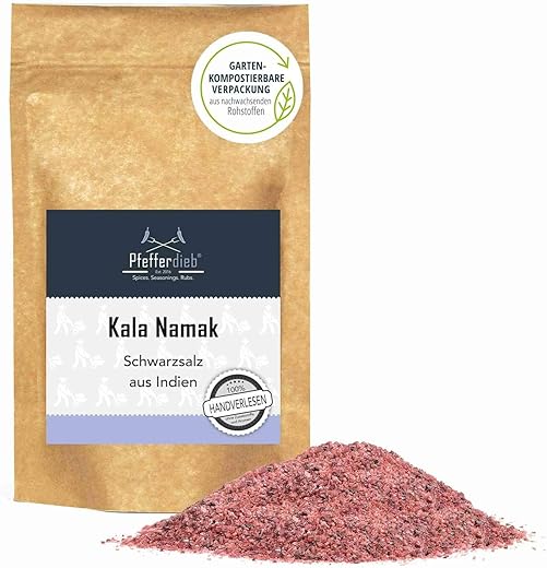 Original „Kala Namak“ Steinsalz aus Indien fein, naturbelassenes Gourmetsalz/Schwarzsalz mit hohem Schwefelgehalt, 250g – Pfefferdieb®