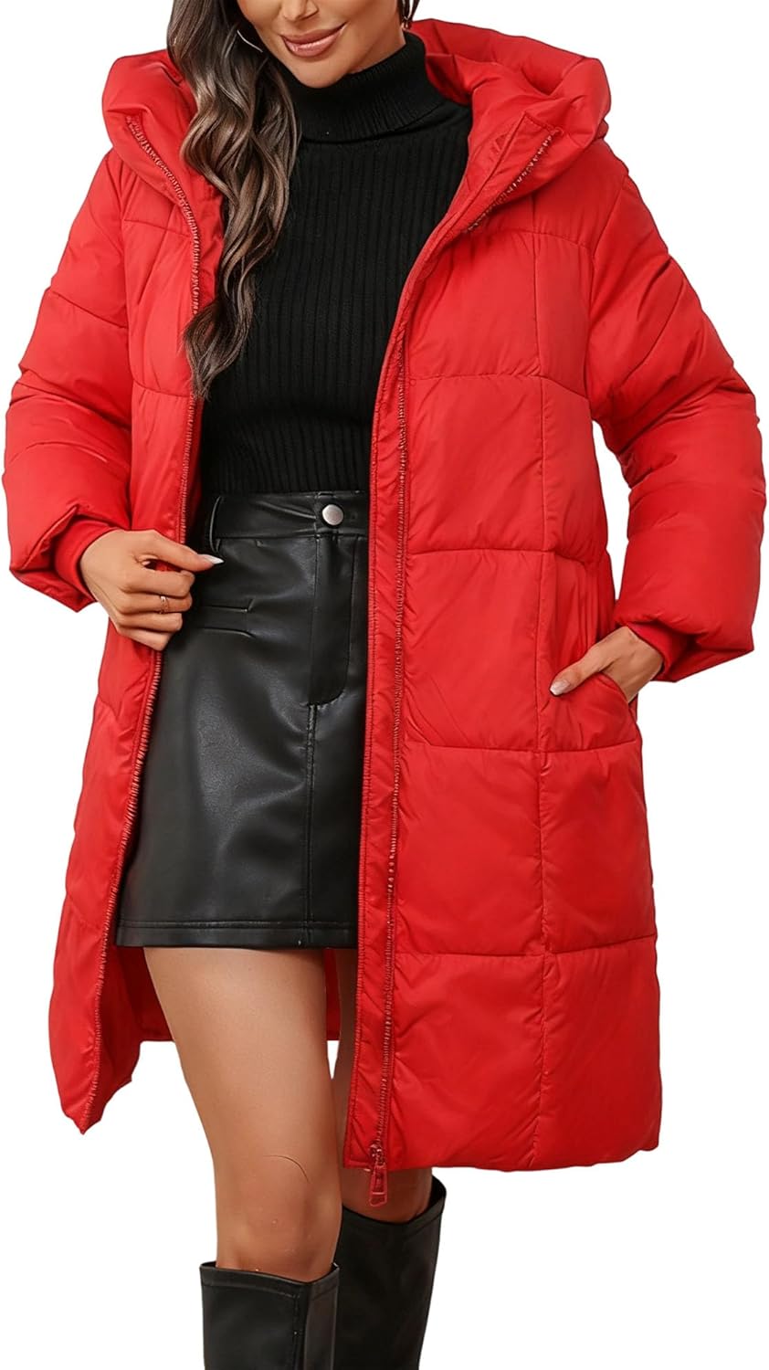 Women's Hooded Long Puffer Coat Winter Warm Full Zip Lightweight Quilted Jacket Winter Coats Plus Size with Pockets