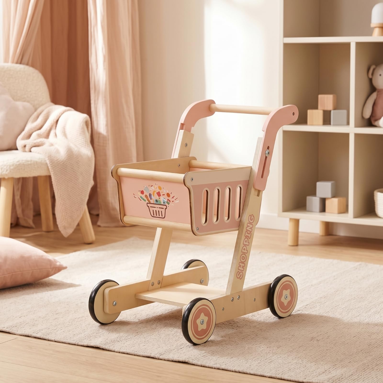 Carrello Shopping Giocattolo Carrello Spesa Giocattolo Bordi Arrotondati Legno Naturale per Bambini
