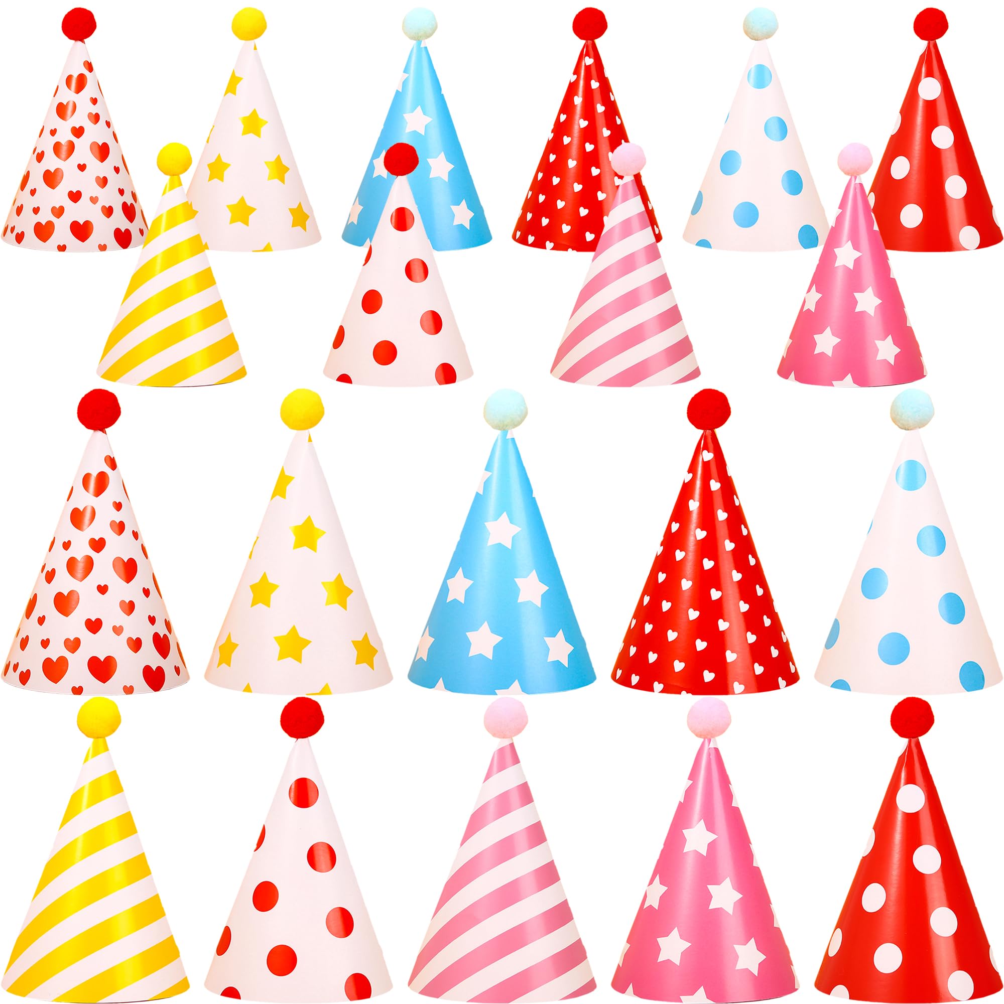 Rcanedny 20 Pcs Birthday Party Cone Hats with Pom Poms Assorted Cone Paper Hat for Birthday Christmas New Year Party Supplies, 10 Styles