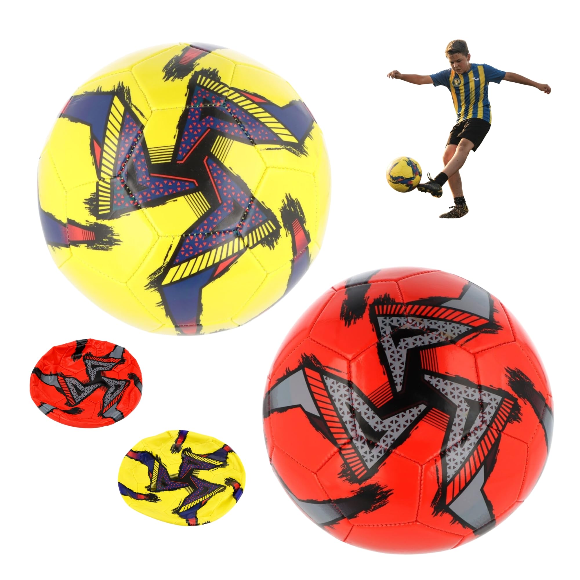 SRV Hub 2 Pack Size 5 Footballs Yellow & Red, 32 Panel Soccer Balls, Shipped Deflated, Outdoor Kickabout Training Set, Match Practice Footballs for Teens, School PE, Garden & Park