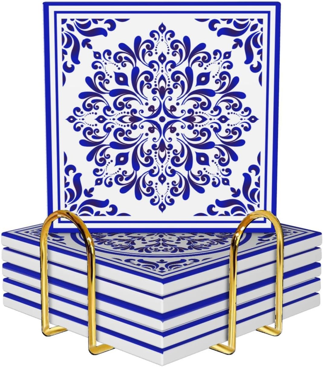 Coasters with Holder,Blue and White Style Ceramic Drink Coaster, Absorbent Coaster Sets of 6 for Tabletop Protection,Suitable for Kinds of Cups, Wooden Table, Unique Housewarming Gifts for Home Decor - Image 2