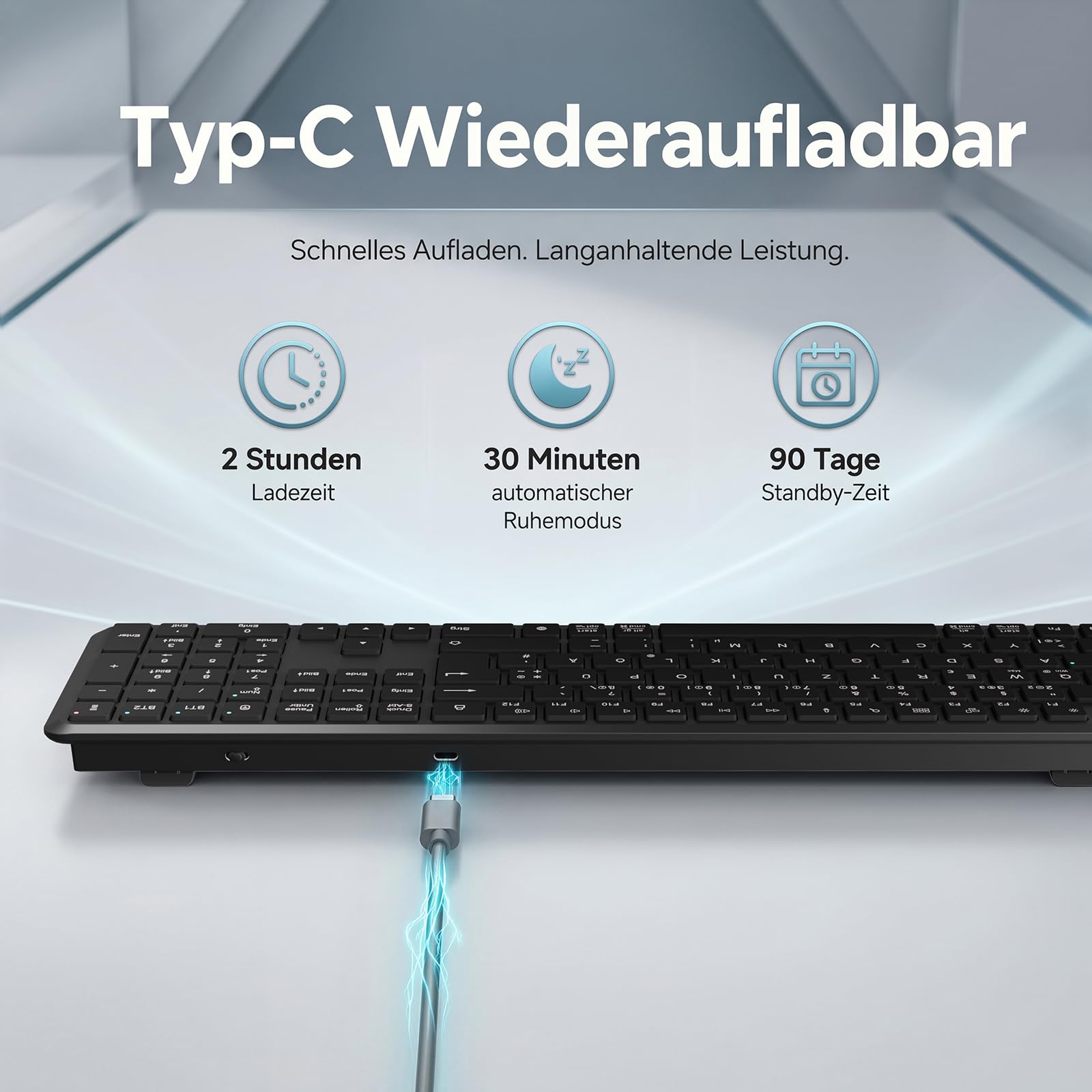 TECURS Kabellose Bluetooth Tastatur (2BT+2.4G), QWERTZ Layout, Schwarz