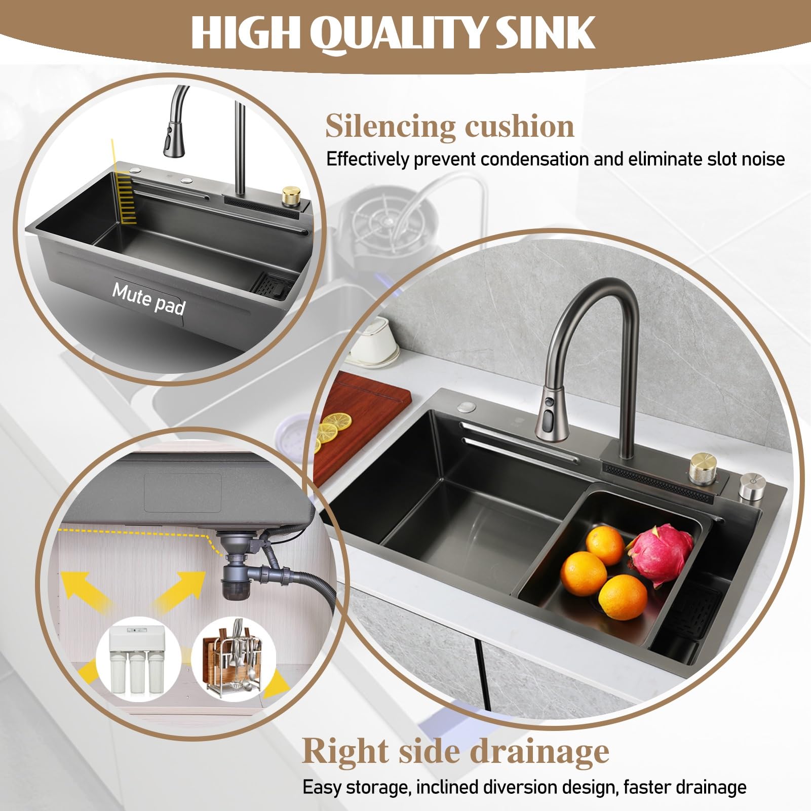 Fregadero Grande De Cascada Individual, Fregadero De Barra De Cocina, Fregadero De Acero Inoxidable, Fregadero Hecho A Mano Engrosado, Estación De Trabajo Deslizante Y Comedor, Todos Los Accesorios In