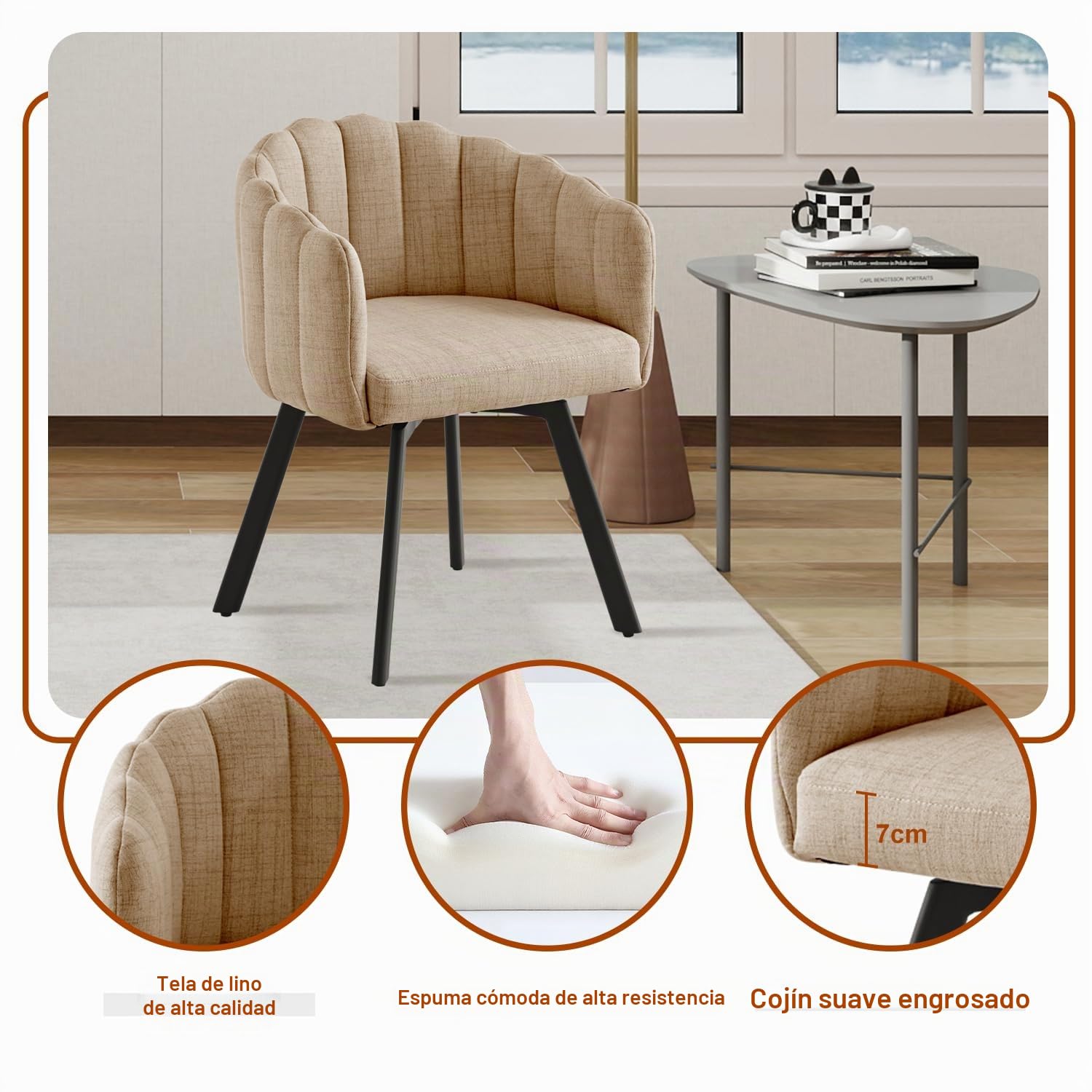 Sillas de comedor giratorias, juego de 2 sillas giratorias de comedor con reposabrazos, sillas tapizadas de tela de lino, sillas giratorias con patas de metal, sillas de cocina, sillones de