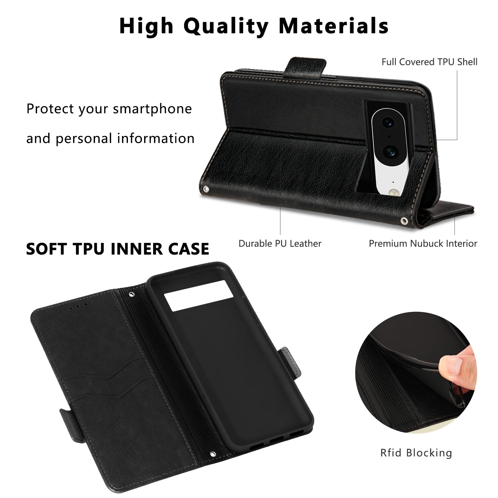 ESONG Cover Portafoglio Per Google Pixel 8 Pro – Pelle PU Con Slot Carte, Cerniera, Supporto E Cordino – Nero - 3