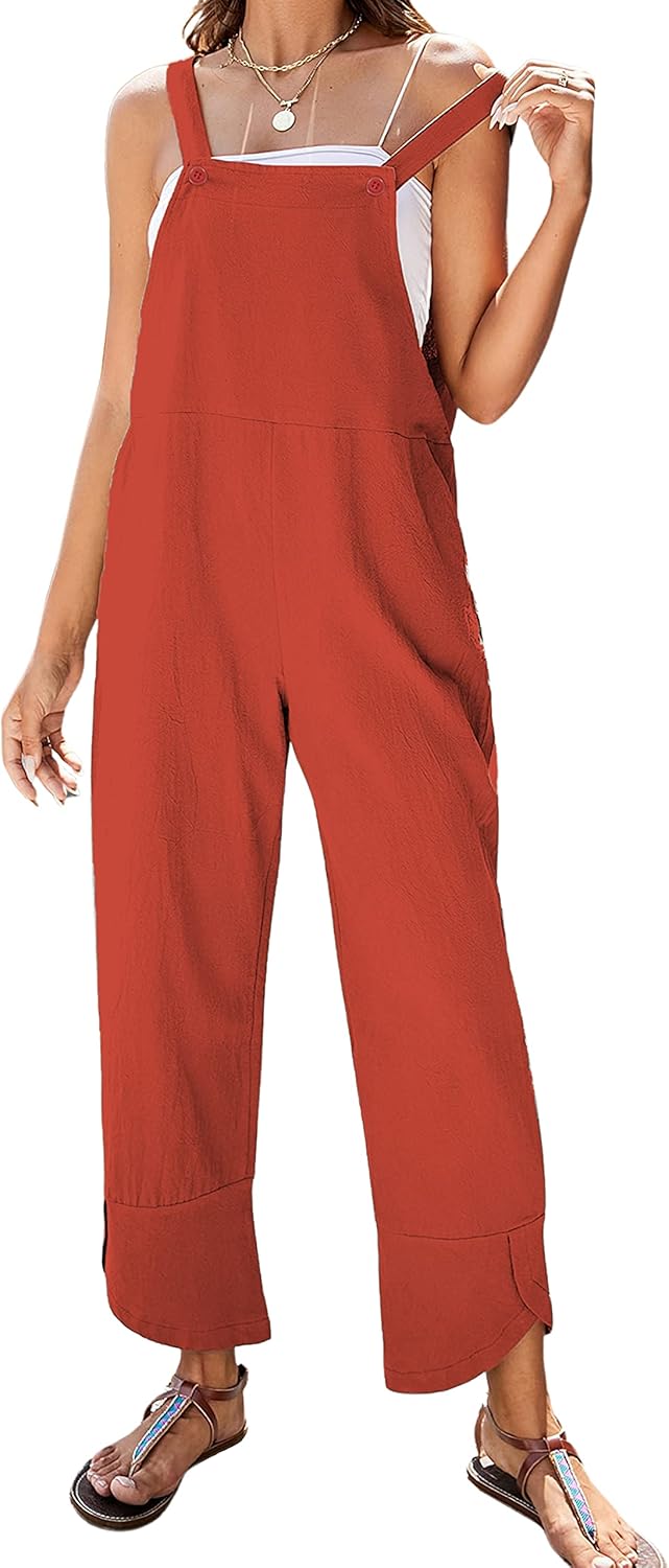 APAFES Women Summer Sleeveless Cotton Linen Bib Overalls Tulip Baggy Capri Jumpsuits with Pockets