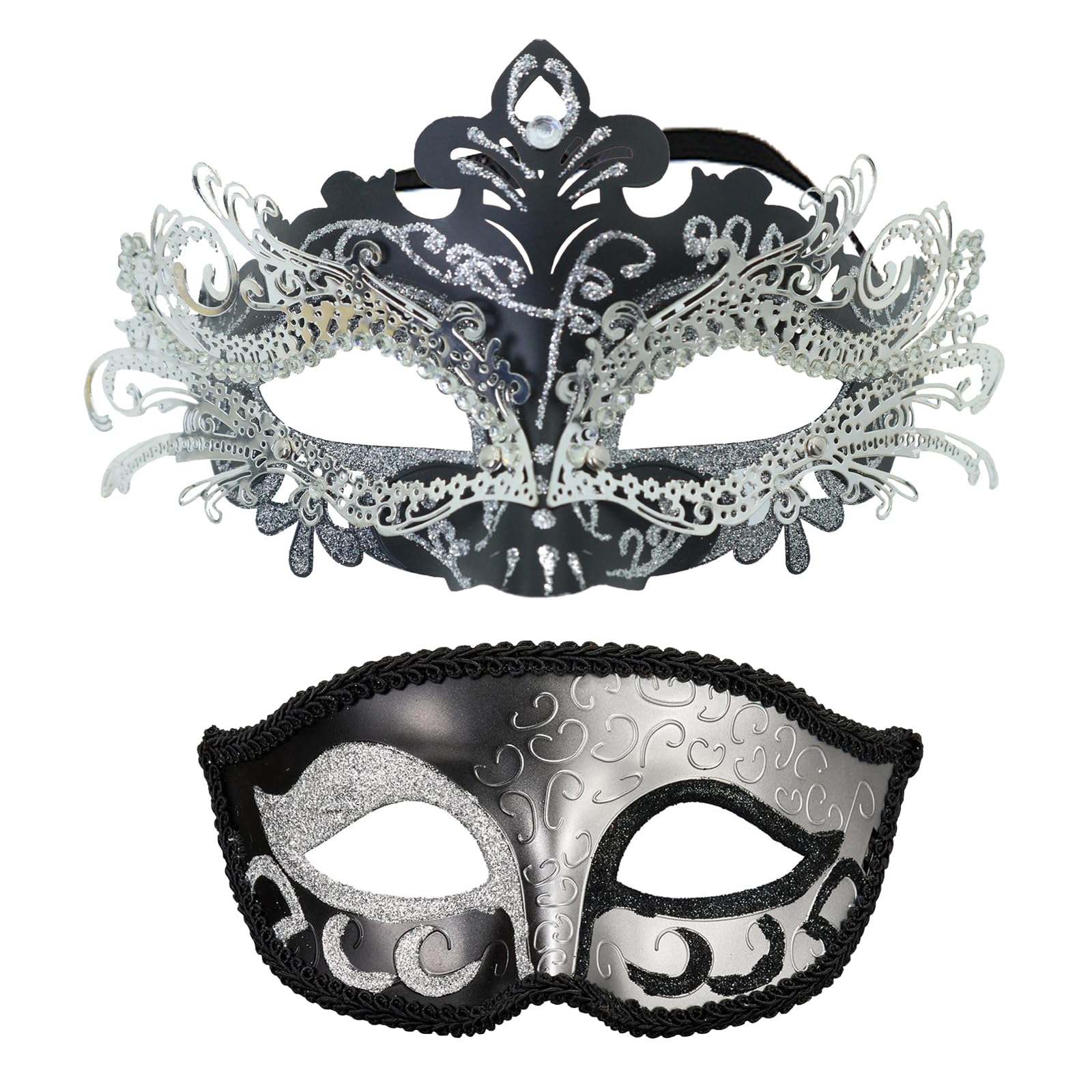 HeHeGe Couple Masquerade Masks with Shiny Rhinestone Venetian Party Mask Halloween Costume Carnival Mask New Year Party Christmas for Couples Women and Men (Black silver)