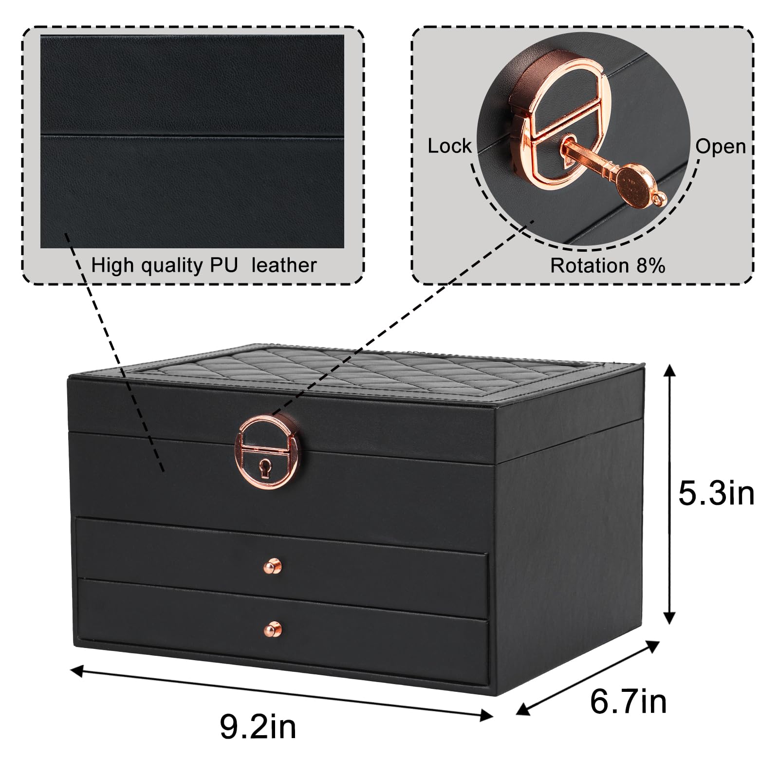 Fixwal Jewelry Organizer Box for Women Girl Wife, Large PU Leather Earring Organizer Holder with 3 layers of the drawer for Christmas Birthday Valentine Gift for Earrings Bracelets Rings Watches