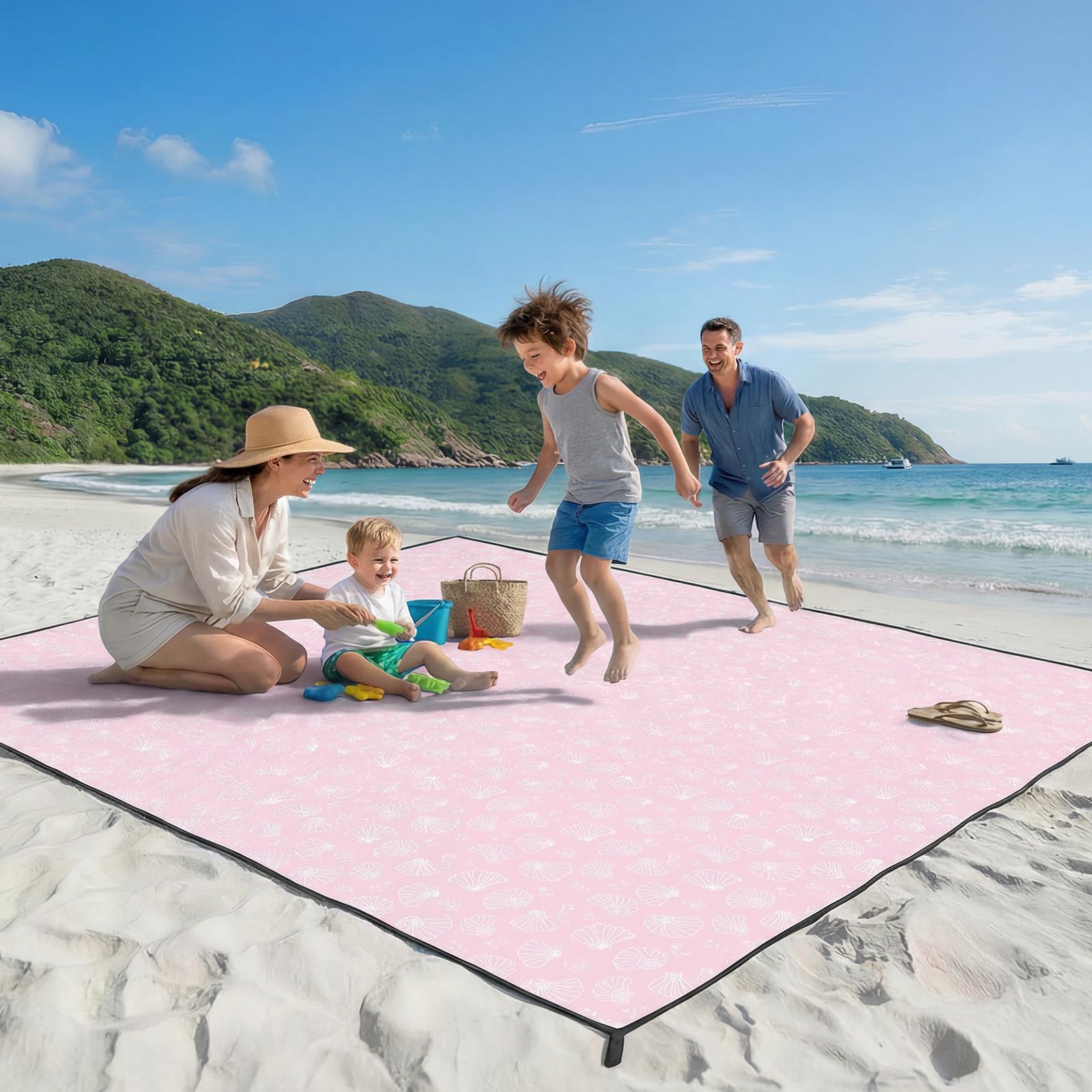 Beach Blanket Sandproof Waterproof, 213 x 244 cm Large Beach Mat with Stakes & Travel Bag