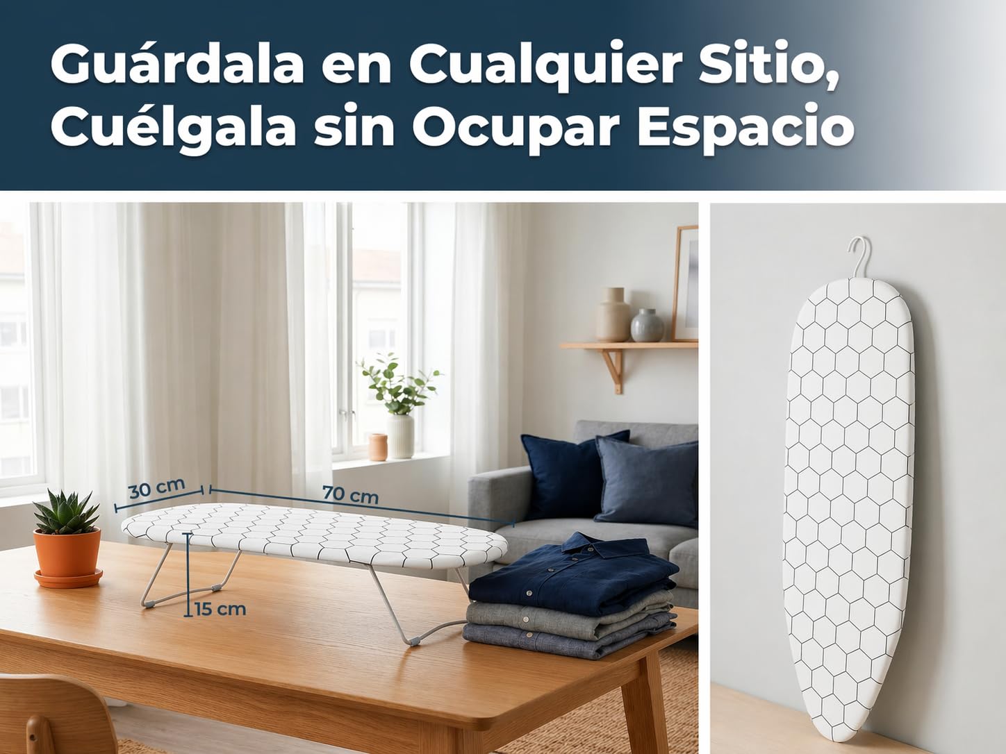 Asse da Stiro Compatto da Tavolo 70x30 cm, Pieghevole con Piedini Antiscivolo e Gancio, Ultra Leggero 650 g, Rivestimento in Cotone Imbottito, Ideale per Piccoli Spazi, Viaggio e Airbnb