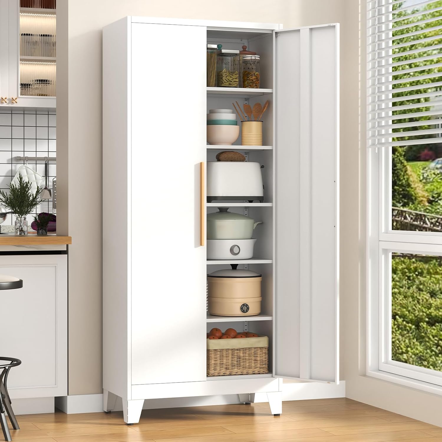 75.3" Tall Metal Kitchen Pantry Storage Cabinet with 5 Adjustable Shelves & 2 Doors, Large Freestanding Organizer Cabinet for Kitchen, Bathroom,Diningroom（White）