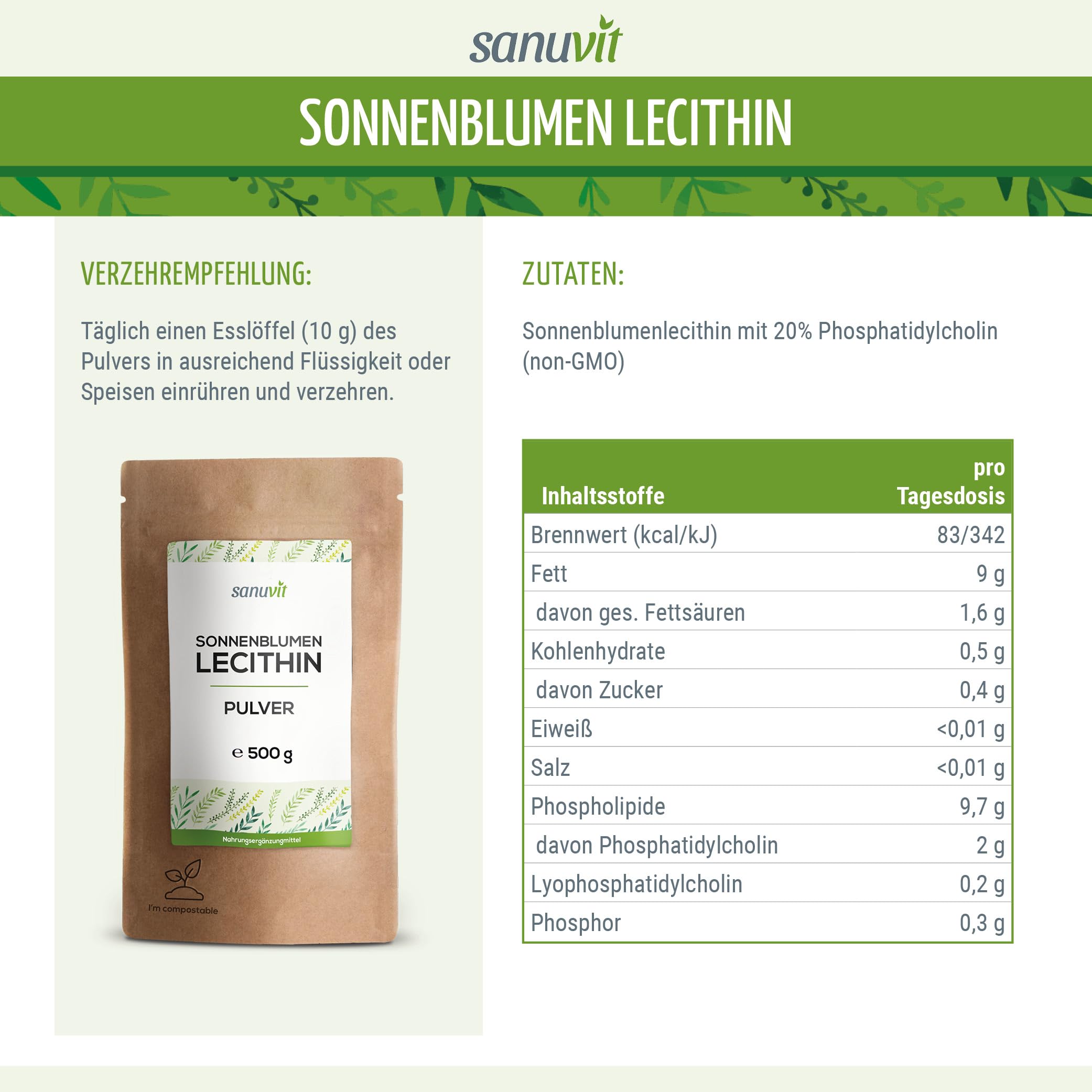 Sonnenblumen-Lecithin Pulver 500 g | Reinlecithin | Hohe Bioverfügbarkeit | Pulver zum Kochen & Backen | vegan