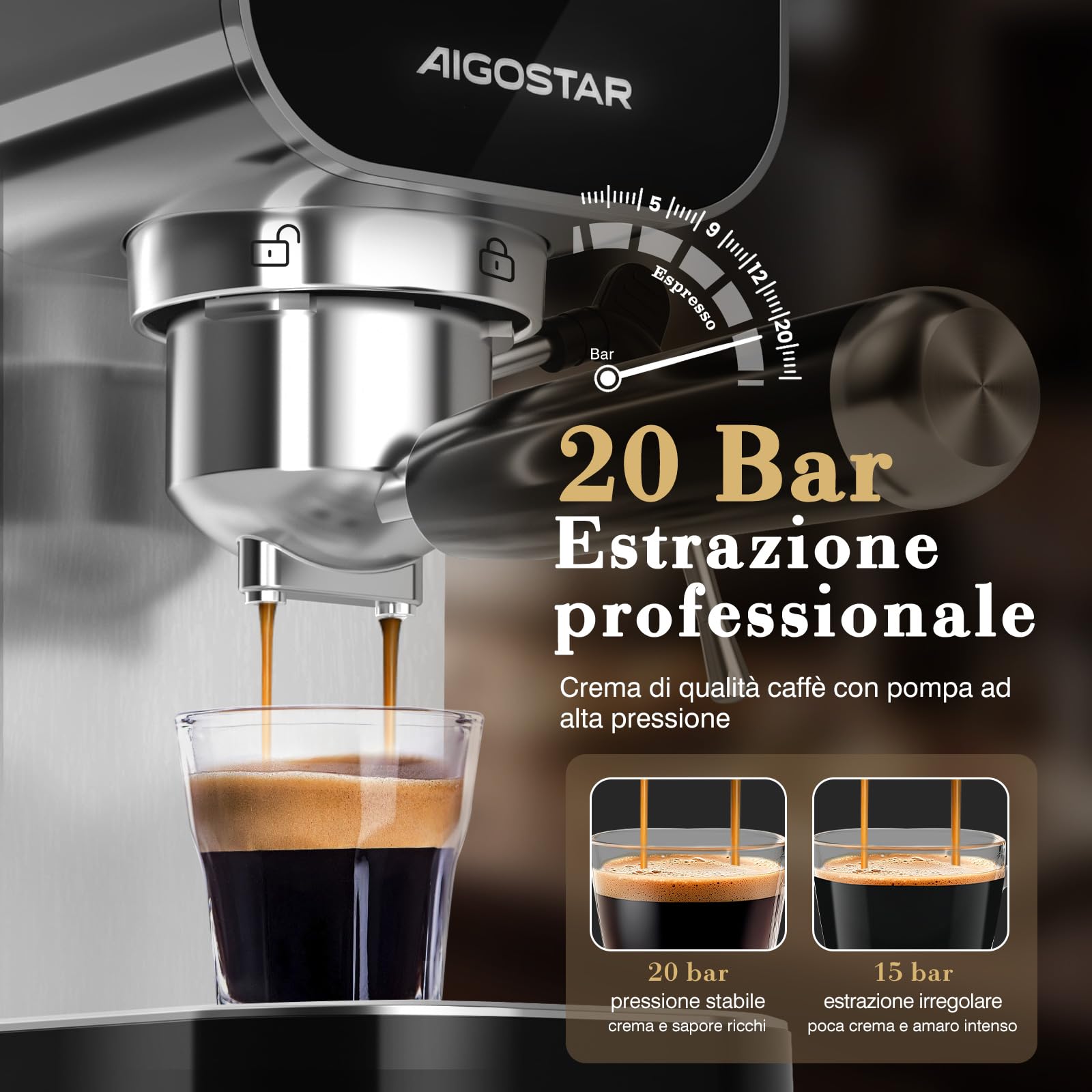 Aigostar Macchina Caffè Espresso 20 Bar per Capsule e Caffè Macinato, 0,9 L | Portafiltro, Schermo touch, con vaporizzatore latte, 1 o 2 tazze, 1350 W, inox, ideale per Espresso, Cappuccino e Latte