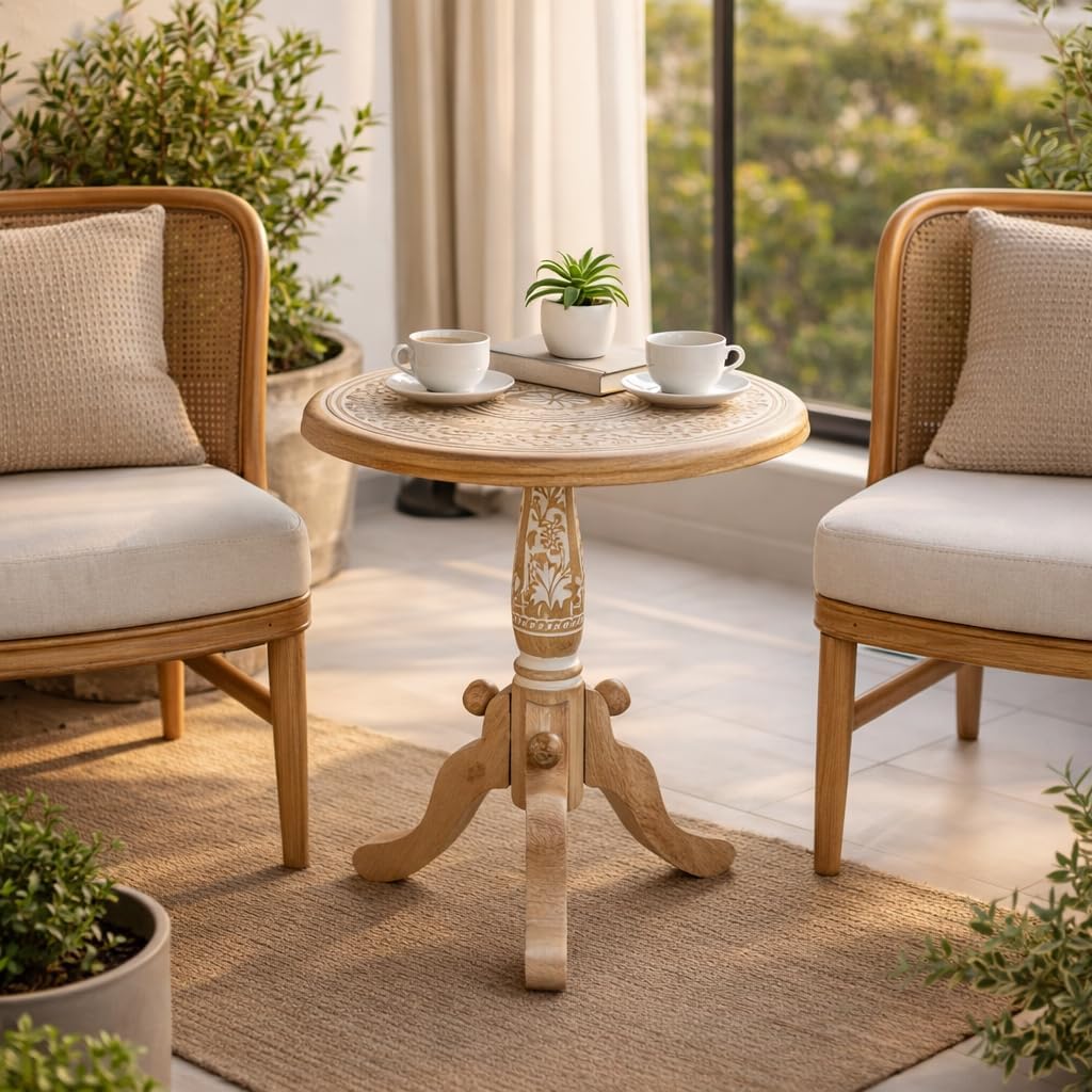The Wooden Town Round End Table, 18x21 Inch, White Wash, Handcrafted Engraved Carved Side Table with Pedestal Base, Solid Mango Wood