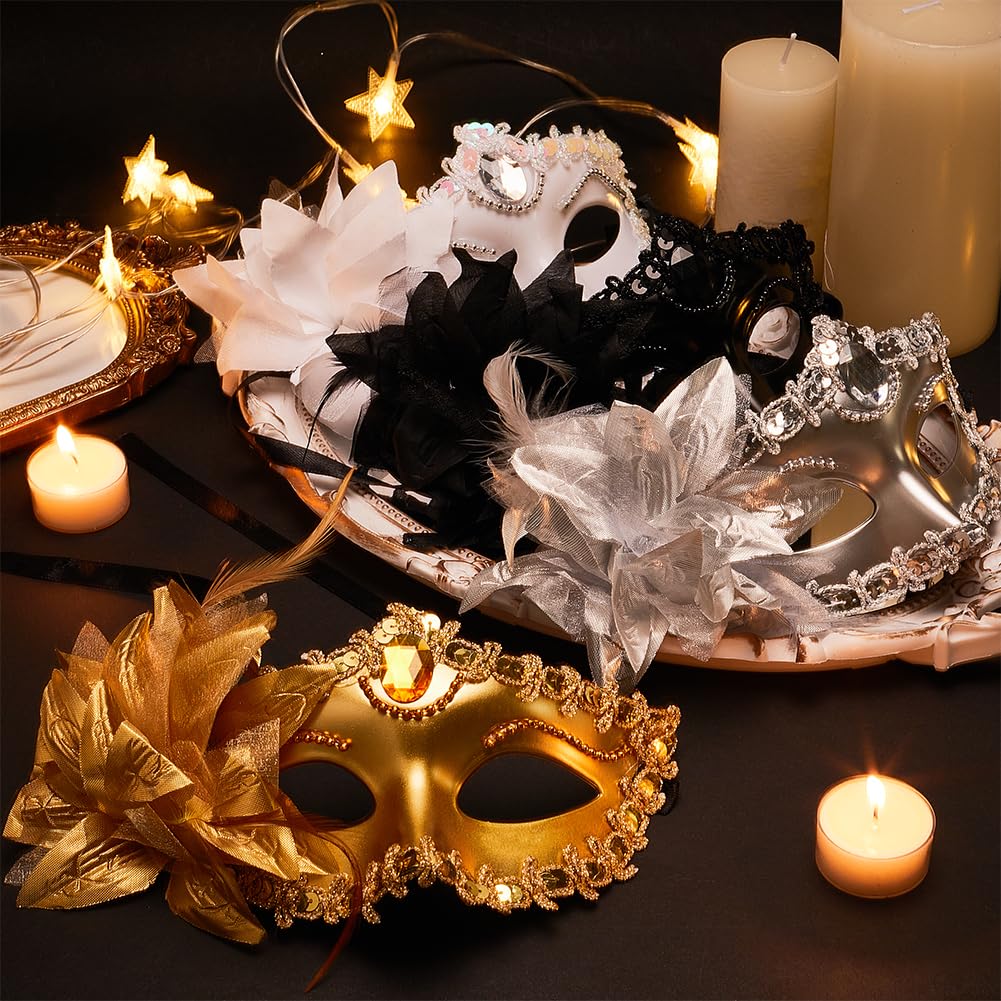 OLYCRAFT 4Pcs 4 Color Masquerade Mask Set Venetian Style Party Masks with Ties Rhinestone Masquerade Masks Reusable Feather Lace Party Mask for Women Halloween Carnival Mardi Gras Venetian - Image 4