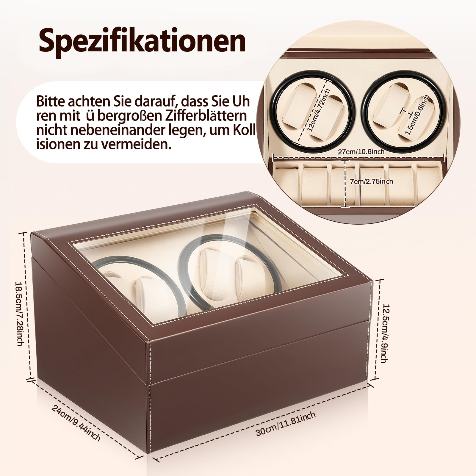 Automatische Uhrenbeweger Box, Uhrenständer Uhrendreher Watch Winder Uhrenkasten Luxuriöser Uhrenbeweger für 4 Automatikuhren + 6 Gitter Uhrenspeichergehäuse, Geräuscharm (Brown)