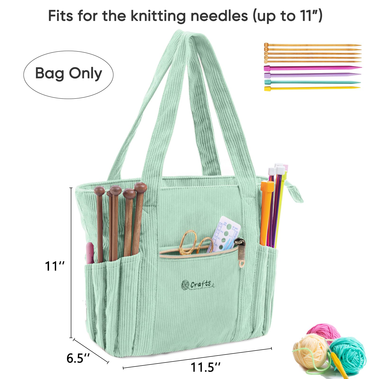 MYABGZING Häkeltasche aus Cord – Große Garn-Aufbewahrungstasche mit Ösen, Taschen und Nadelhaltern – Stricktasche Organizer für Häkelnadeln, Zubehör, Werkzeuge und Projekte – Geschenk für Stricker und