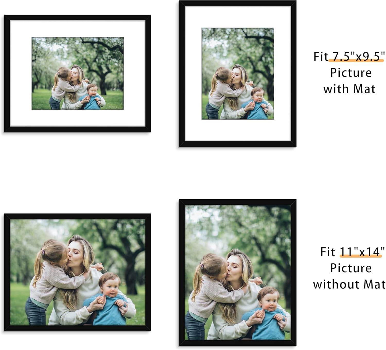 Picrit 11x14 Picture Frame Set of 12, Display 8x10 with Mat or 11x14 without Mat, Photo Frames for Wall Mounting or Table Top Display, Black