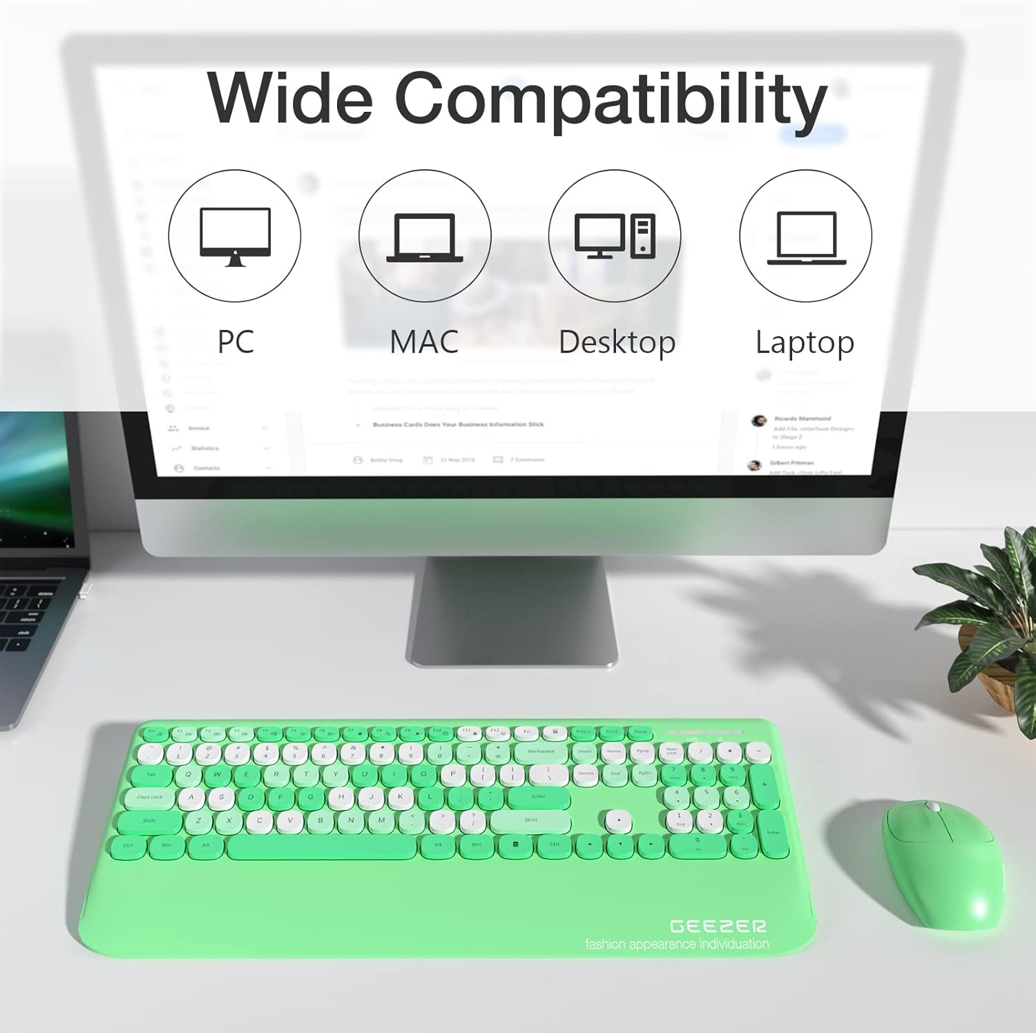 GEEZER G100 Wireless Keyboard and Mouse with icons for PC, MAC, Desktop, and Laptop, indicating wide compatibility.