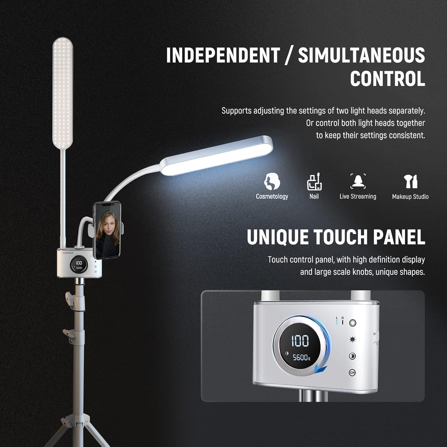 Neewer Lumière d'Esthéticienne avec Support Téléphone et Kit de Sac de Voyage, Lampe Photo LED Cils avec 2,4G/PC/Mac et Contrôle Séparé de 2 Bâton Lumineux, CRI98+, Eclairage pour Tatouage/Beauté
