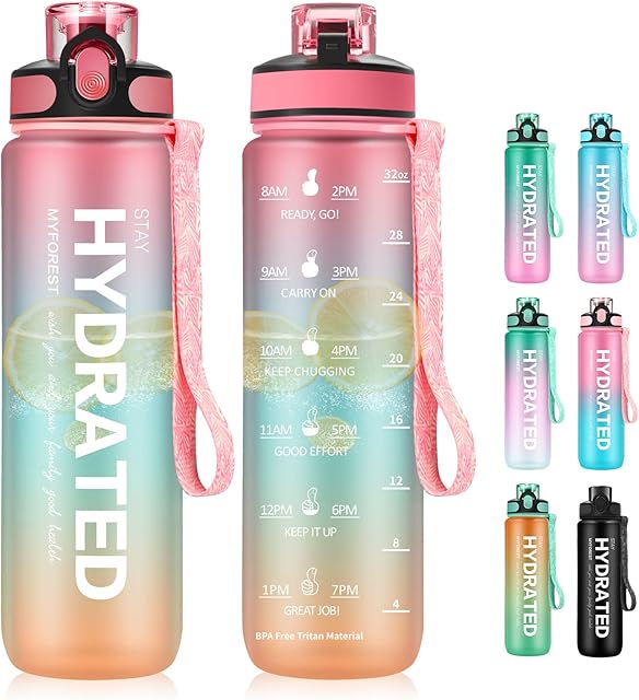 MYFOREST 1Litre Water Bottle BPA Free Material,1L Drinking Bottle with Straw & Time markings,1000ml Water Jug Meet Your Drinking Water Needs Throughout The Day - Pink Green Orange