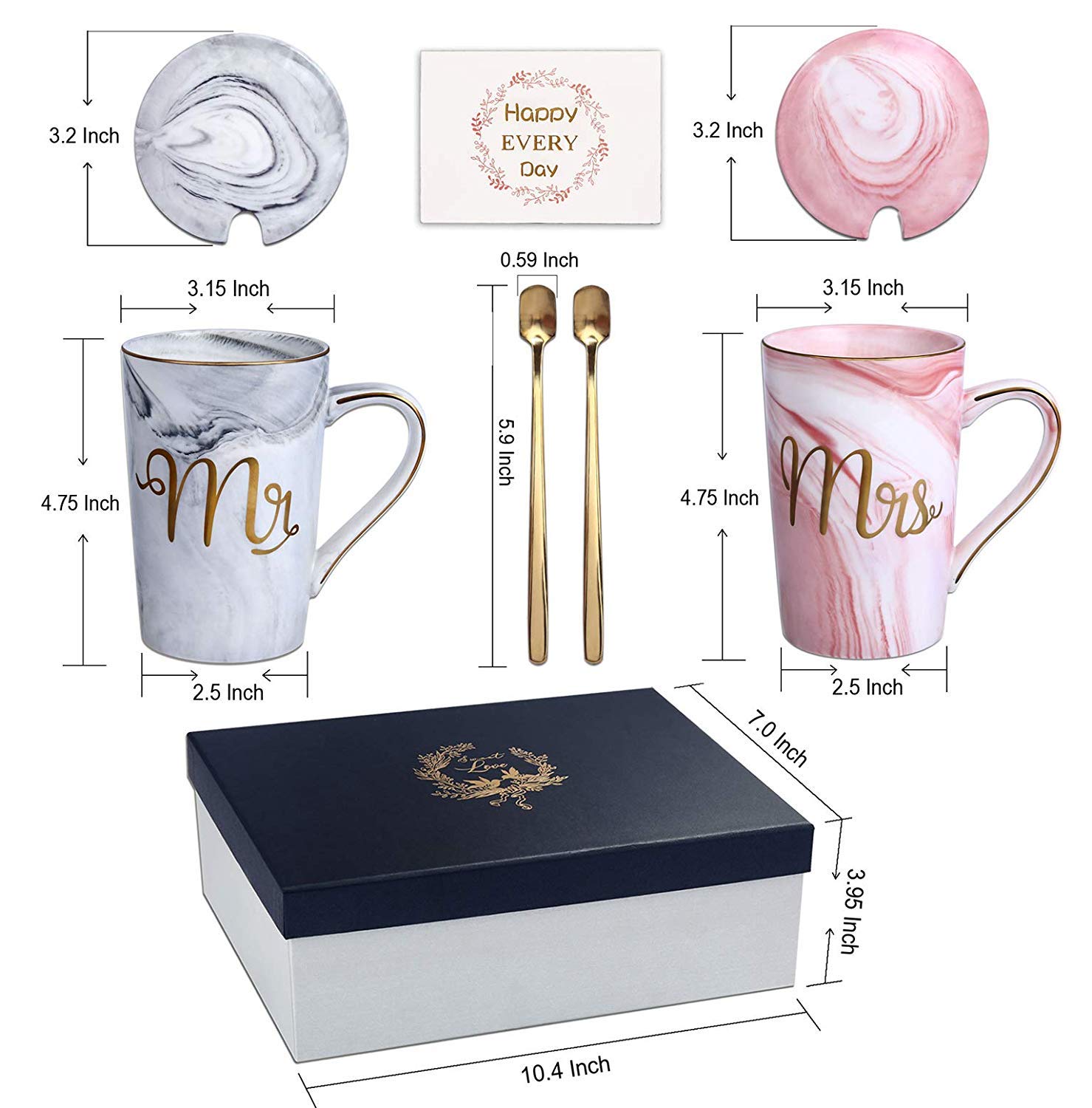 Coppia Tazze Caffè Mr e Mrs, Idee Regalo Originale per Matrimonio Sposi Fidanzamento, Nozze e Anniversario, Ceramica Marmo 400ml con Cucchiai, Coperchi e Biglietto D'auguri, Scatola Regalo Elegante