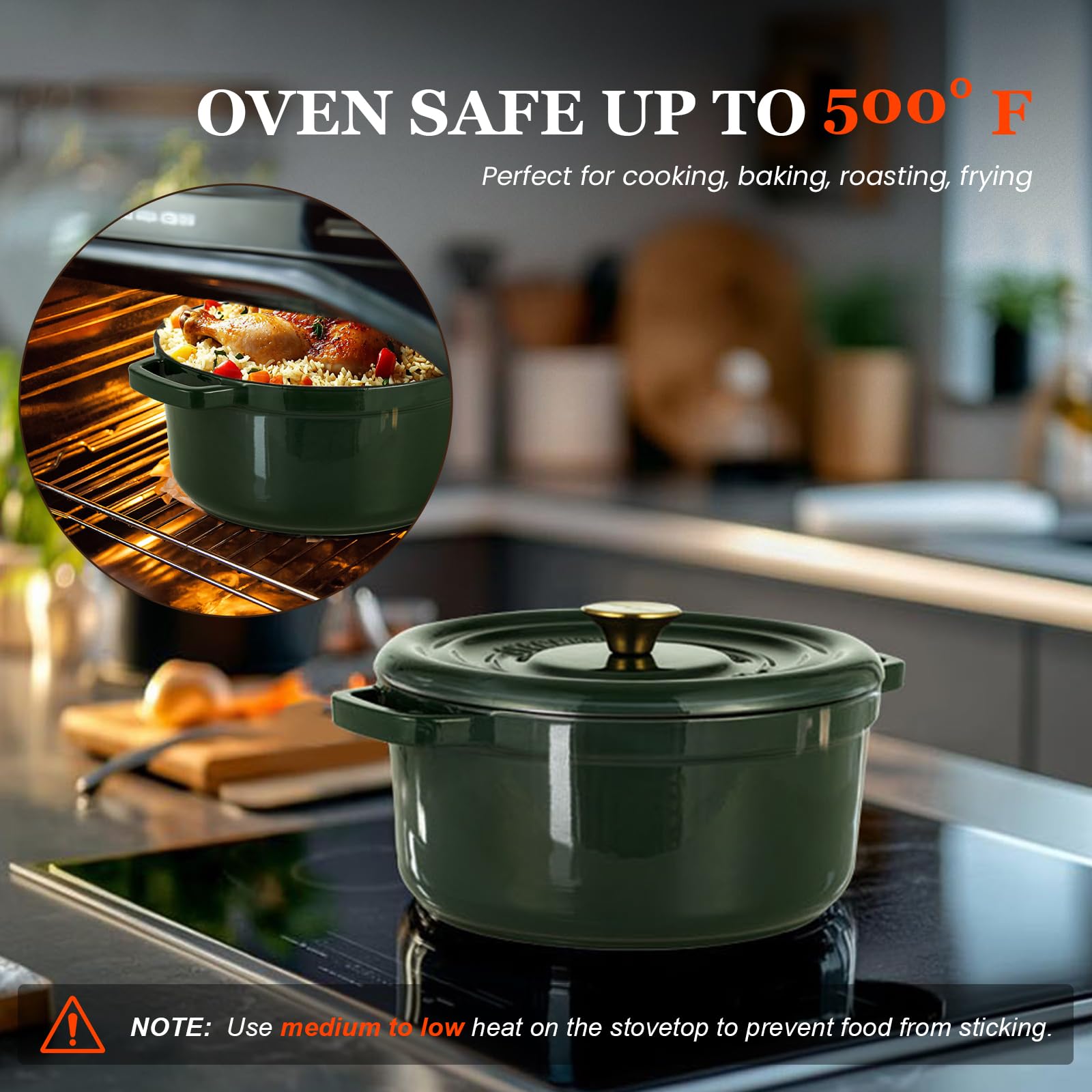 Overmont Forno olandese in ghisa smaltata – Pentola con coperchio, libro di cucina e presine in cotone, resistente per brasare, stufare, arrostire, cuocere il pane