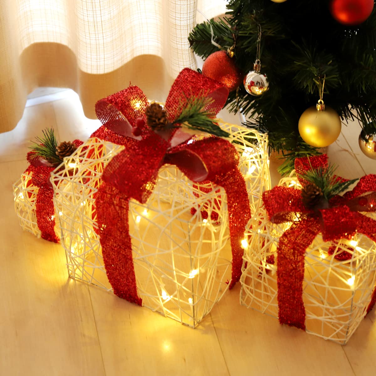 SALCAR Caja de Regalo Decorativa LED Set de 3 Piezas, 20/14 / 10 cm, Cajas Luminosas de decoración navideña con 8 Modos - Blanco cálido