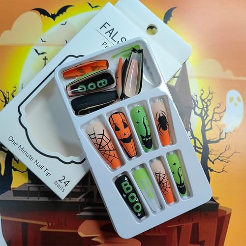 Miniatura 2 de Uñas postizas largas cuadradas para Halloween, con pegamento, diseño de telaraña, lápida de gato, diseño de telaraña, uñas acrílicas, fantasma, arte