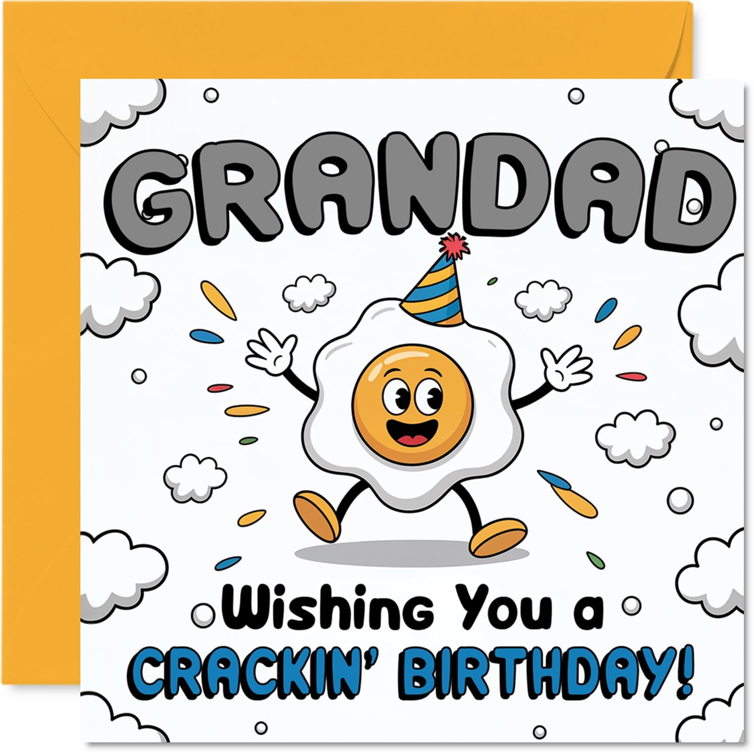 Funny Birthday Card for Grandad - Egg-cellent Birthday Vibes - Cartoon Egg Character with Cheerful Yellow Hues - Sure to Crack a Smile - 145mm Square, Envelope Included
