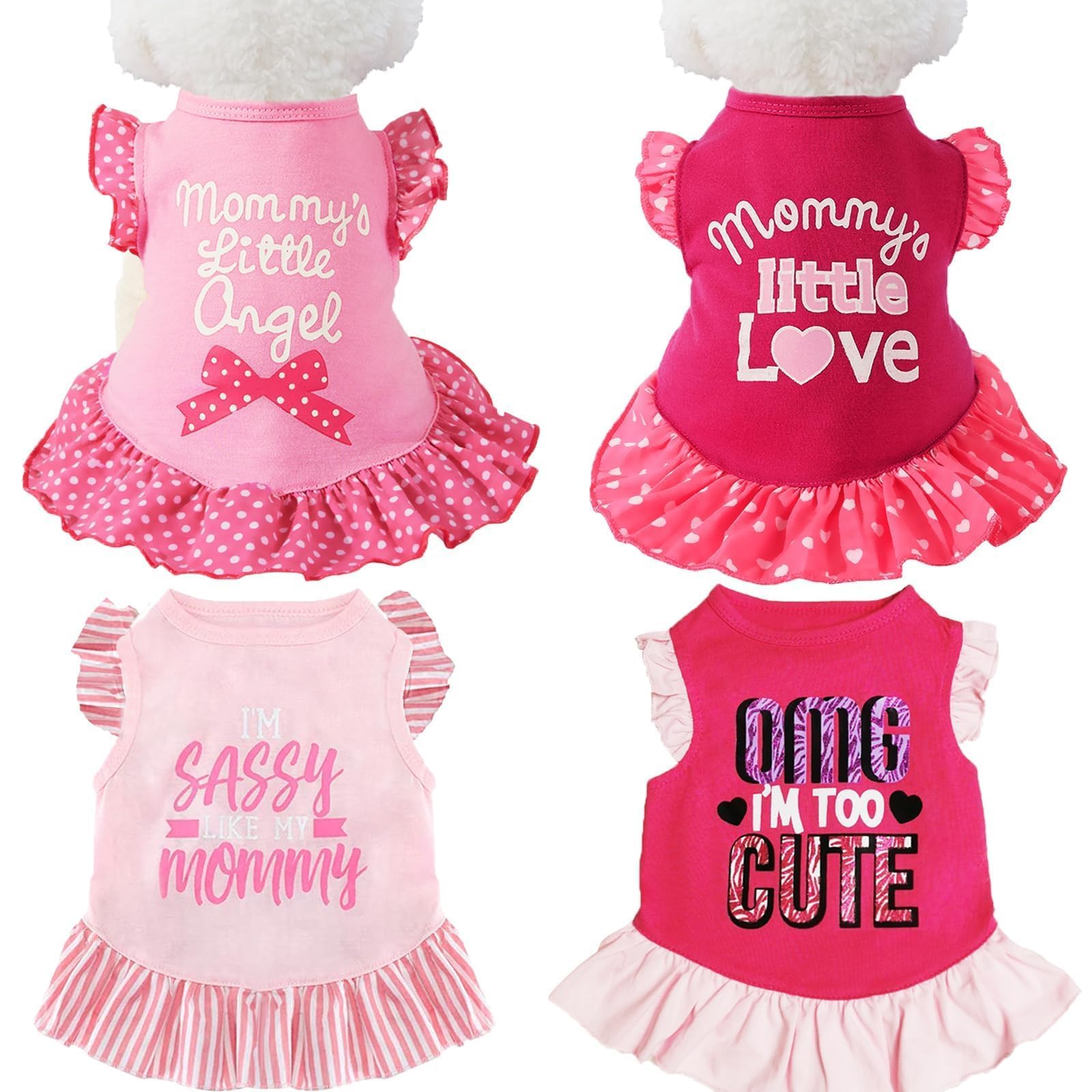 XPUDAC 4 Pieces Pet Dog Dress Dog Clothes Girl Puppy Shirt Yorkie Clothes Cute Doggie Dress Pet Apparel for Small Dogs and Cats (Pink Angel, Small(4.5-8lbs))