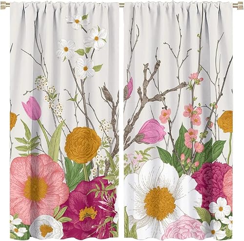 Miniatura 44 de Retro 70s Floral Blackout Window Curtains, Watercolor Flower Plant Rustic Modern Style Pattern Window Drapes, for Bedroom Living Room 42x45in 2