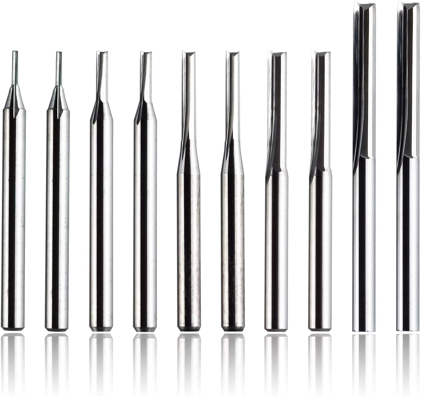10Pcs 1/8" Shank CNC Router Bits, 2-Flute Double Straight End Mill Solid Carbide Milling Cutter| Cutting Diameter 1/1.5/2/2.5/3.175mm