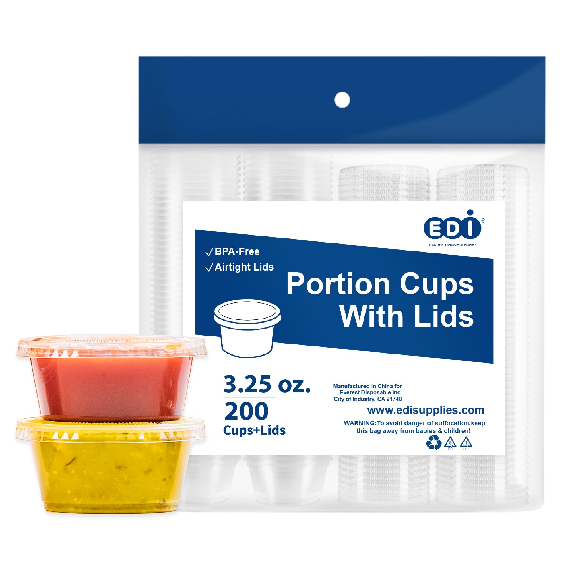 EDI 3.25 OZ, 200 Sets Clear Disposable Plastic Portion Cups With Leakproof Lids | Jello Shot, Condiment, Dipping Sauce, Souffle | BPA Free |