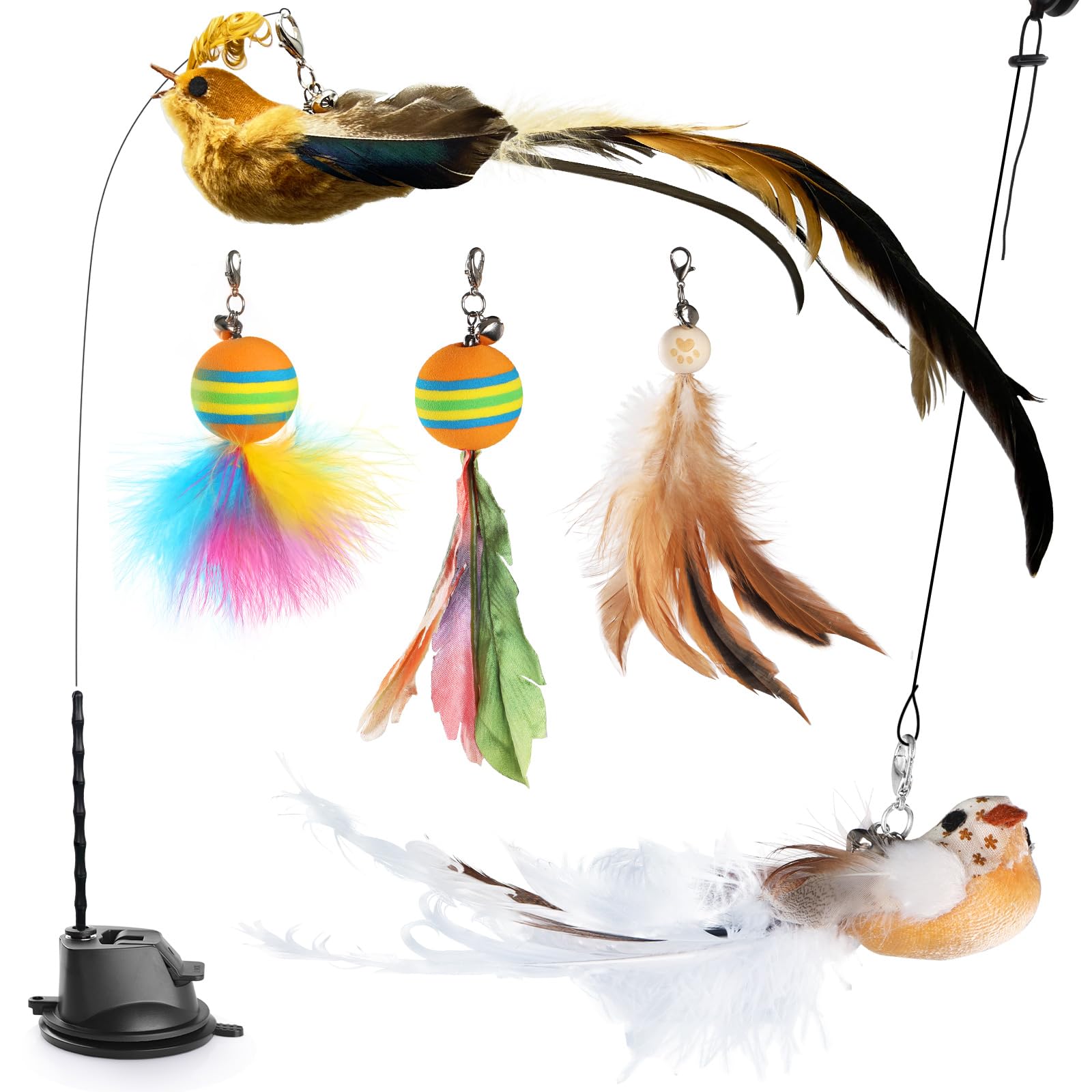 KIKISML Juguete Pluma de Gato Interactivo, Juguetes para Gatos Mejorado Varita Flexible Juguete con Ventosa Juguete Colgante, 5 Colgantes de Repuesto con Campana Diversión Persecución Ejercicio Juego