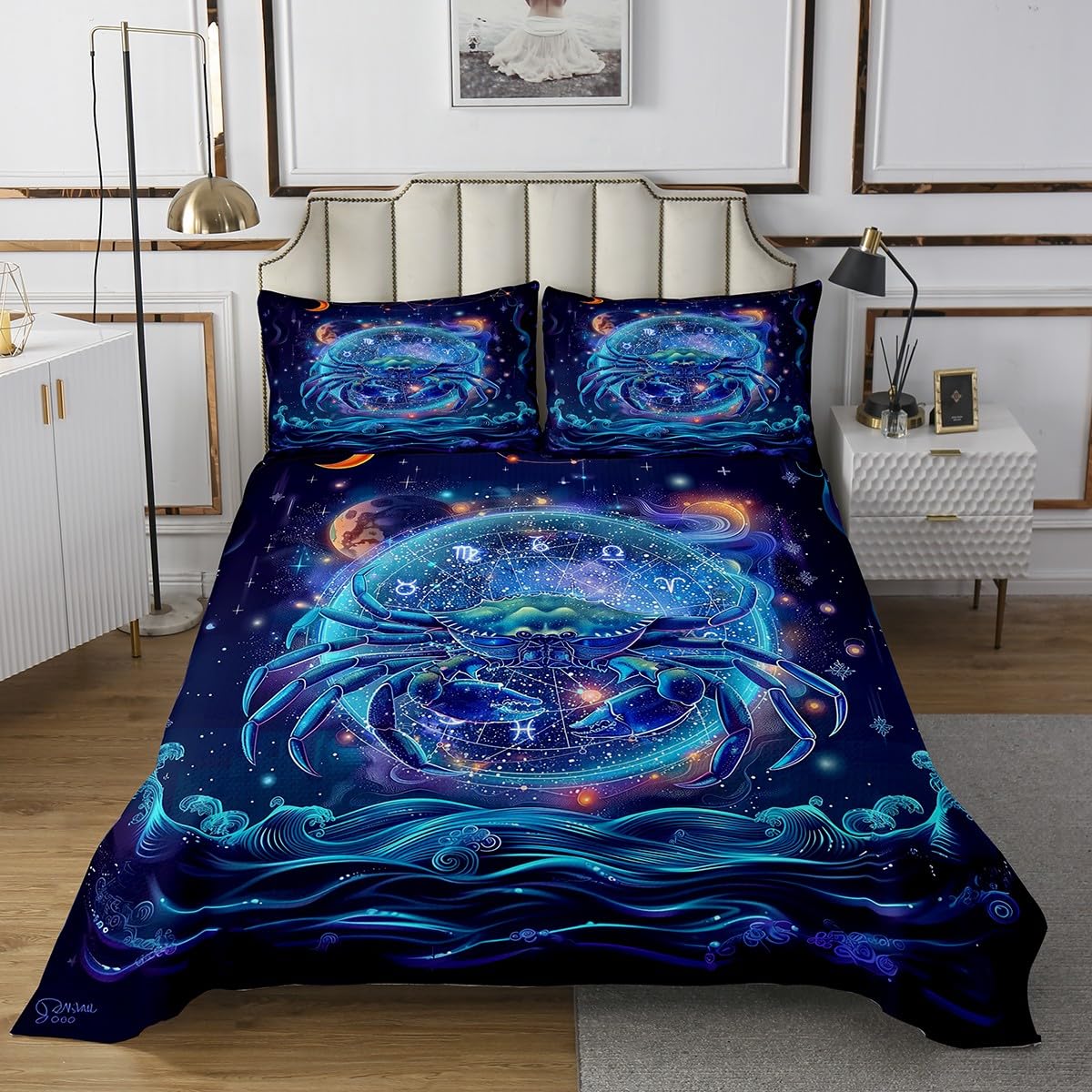 Cancer Bedspread Twin Size Bedding for Kids Teens Bedroom 12 Constellations Decor Coverlet Set Galaxy Nebula Star Astrology Quilt Set for All Season,2 Pcs with 1 Pillowcase