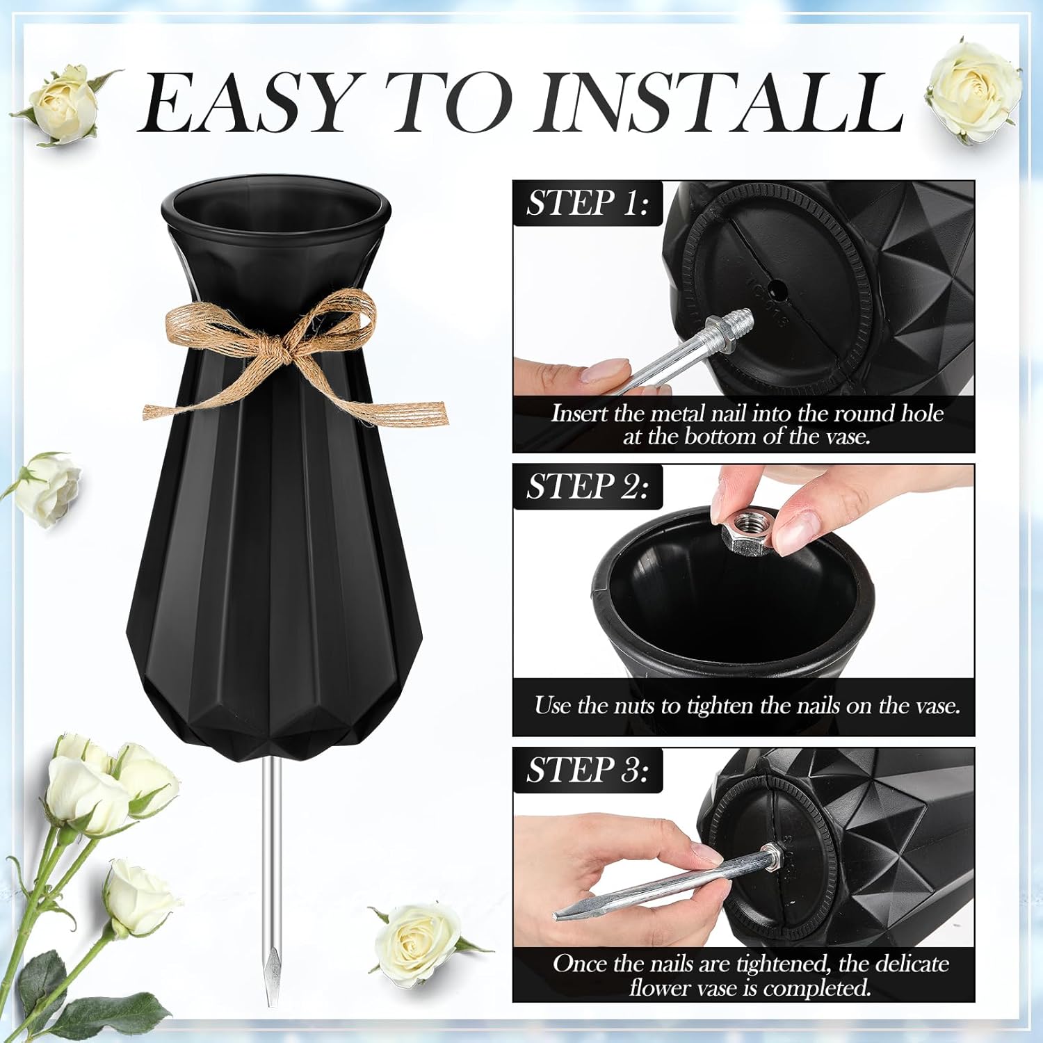 Qinyoung 2 Pcs Cemetery Vase for Grave with Metal Spikes Headstones Memorial Flower Holder Durable Plastic Grave Vases Outdoor Cemetery Decoration for Memorial Gifts Loss of Loved One(Black)