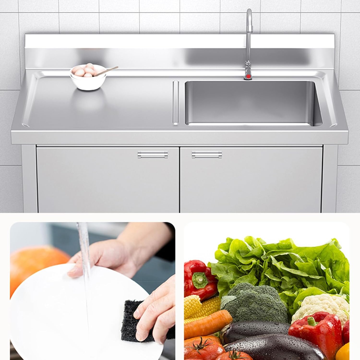 ステンレススチールシンク 自立型ユーティリティシンク 蛇口付き 大型収納キャビネット 多機能シンク プラットフォーム付き シングルシ