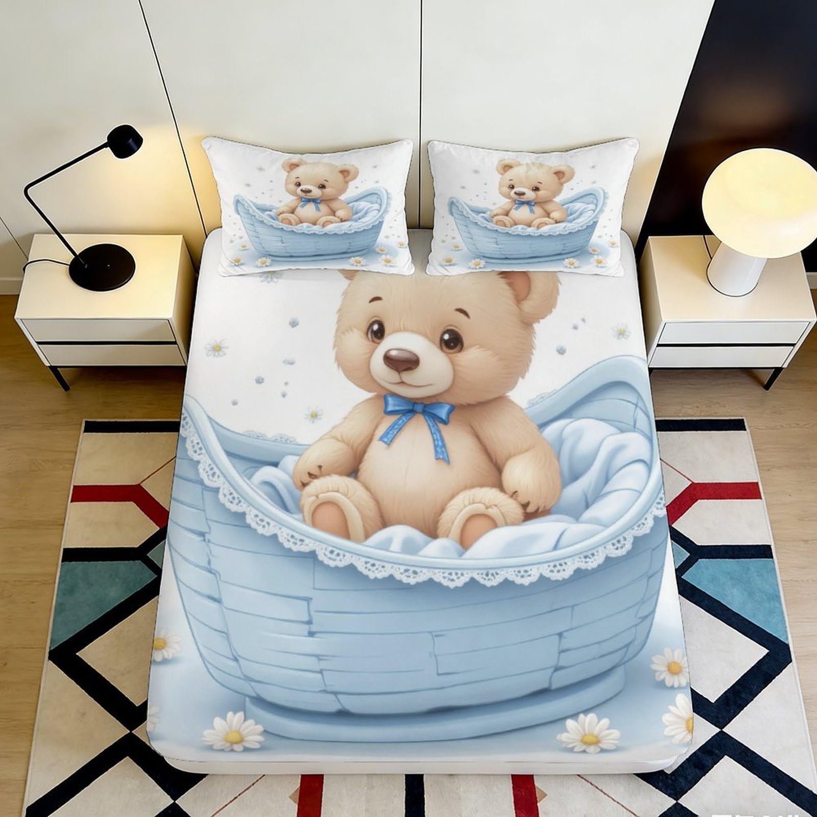 Dhbaneiok Style-2 3D Printed Cute Teddy Bear Fitted Sheet Microfiber Soft Blue Basket Bed Cover For Bedroom Dorm Mattress Protection Decor 90X200x25cm